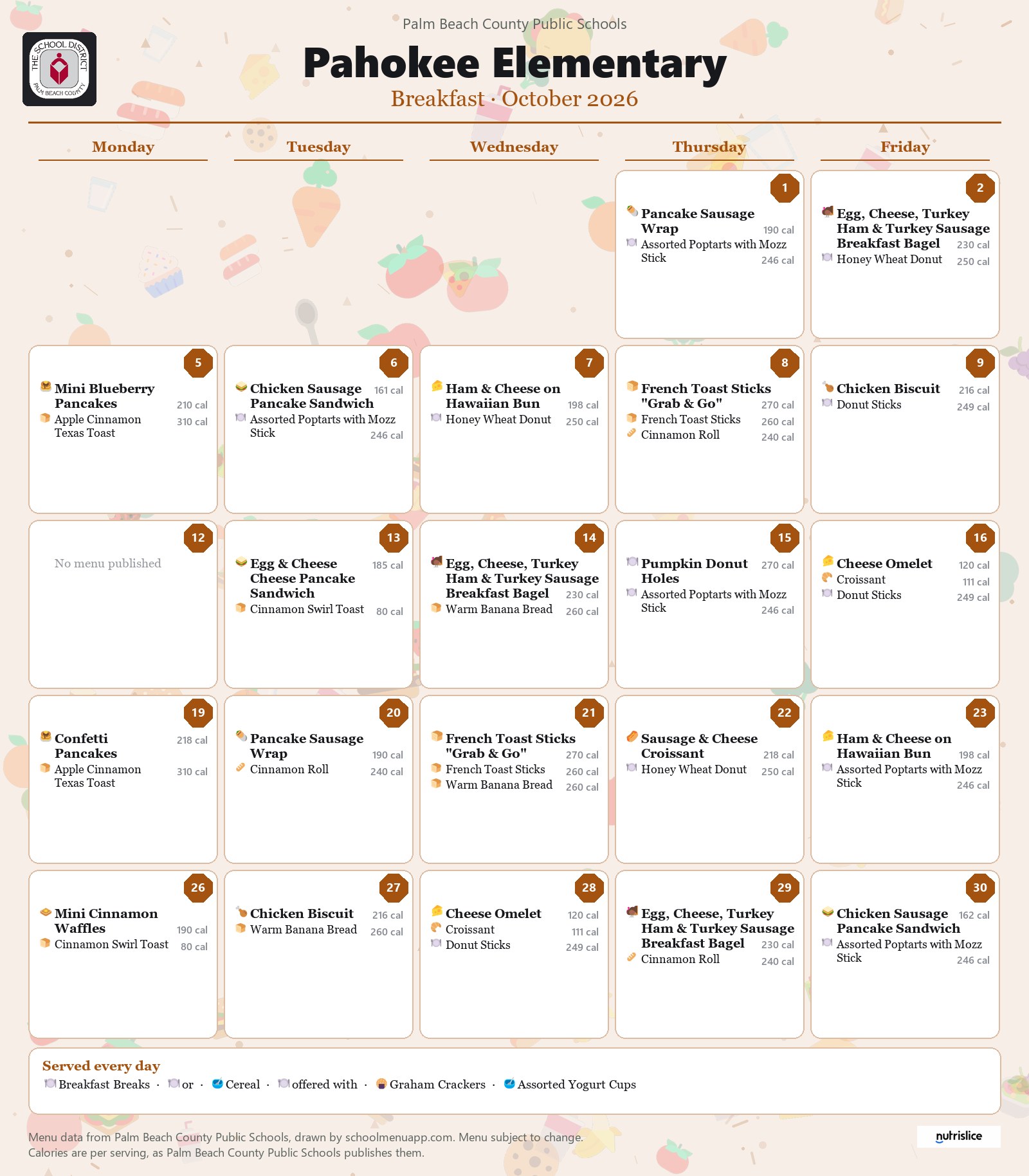Pahokee Elementary breakfast menu for October 2026, Palm Beach County Public Schools