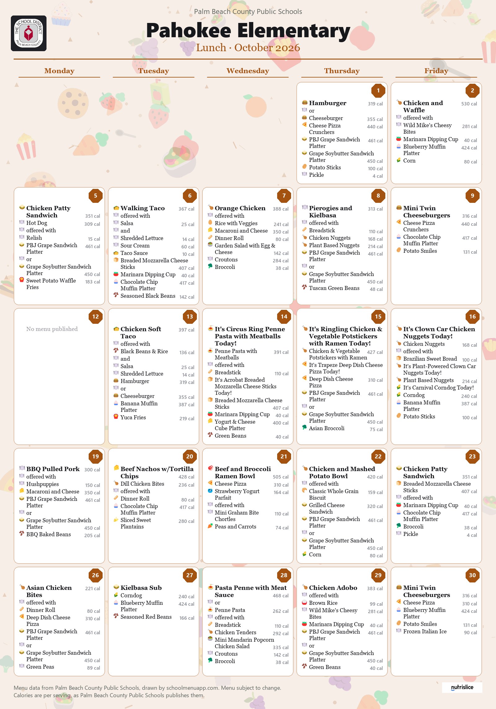 Pahokee Elementary lunch menu for October 2026, Palm Beach County Public Schools