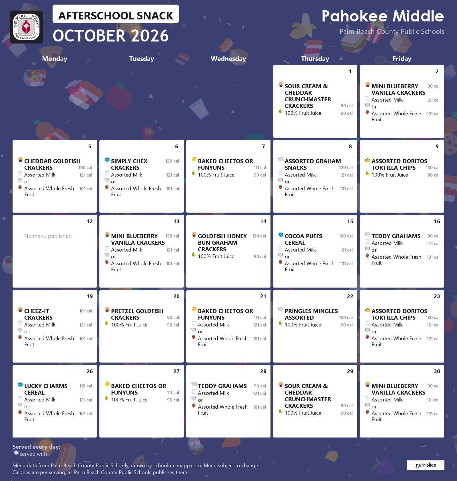 Pahokee Middle afterschool snack menu for October 2026, Palm Beach County Public Schools