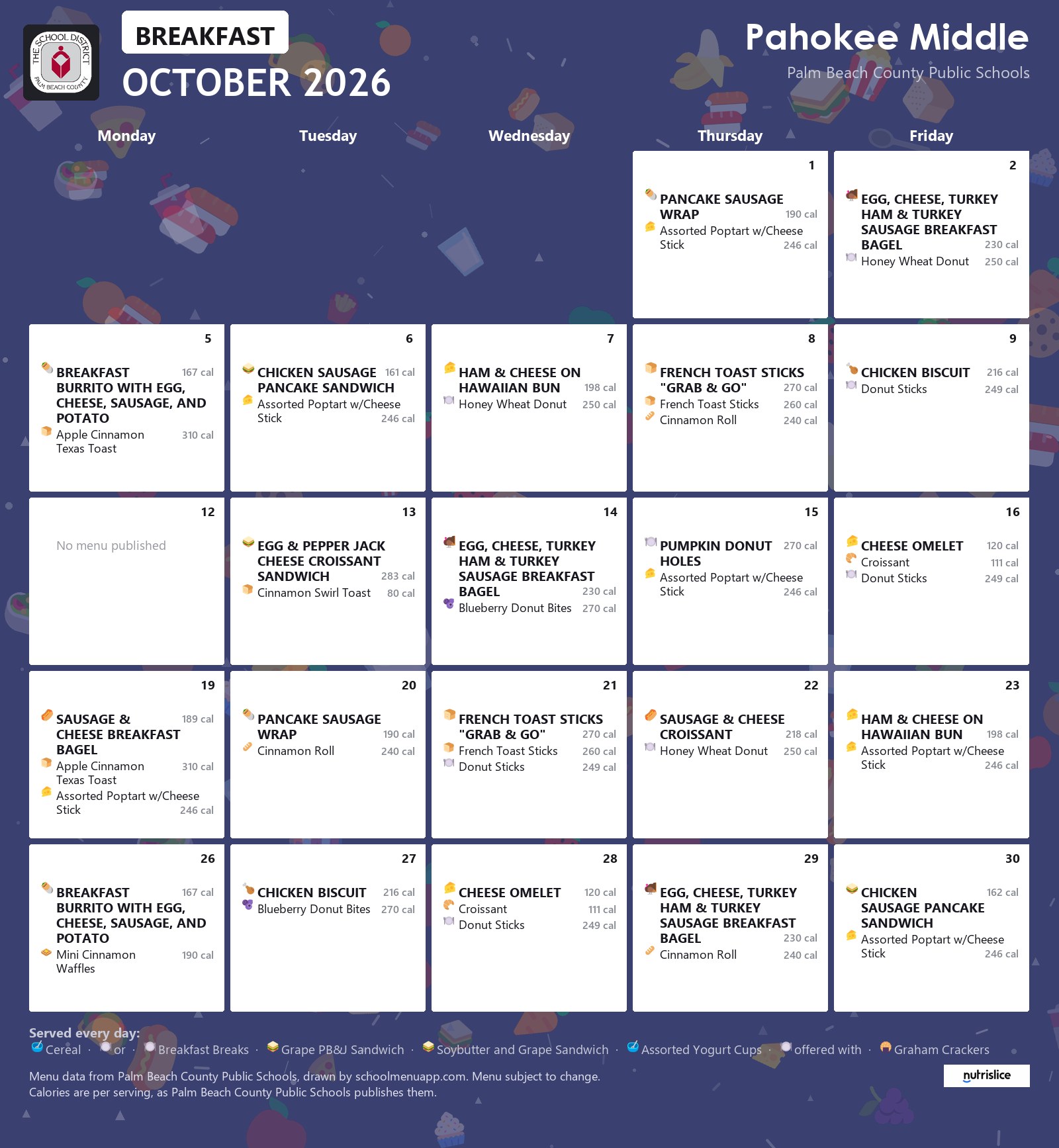 Pahokee Middle breakfast menu for October 2026, Palm Beach County Public Schools