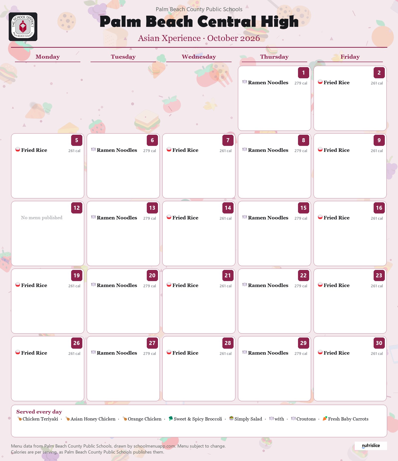 Palm Beach Central High asian xperience menu for October 2026, Palm Beach County Public Schools