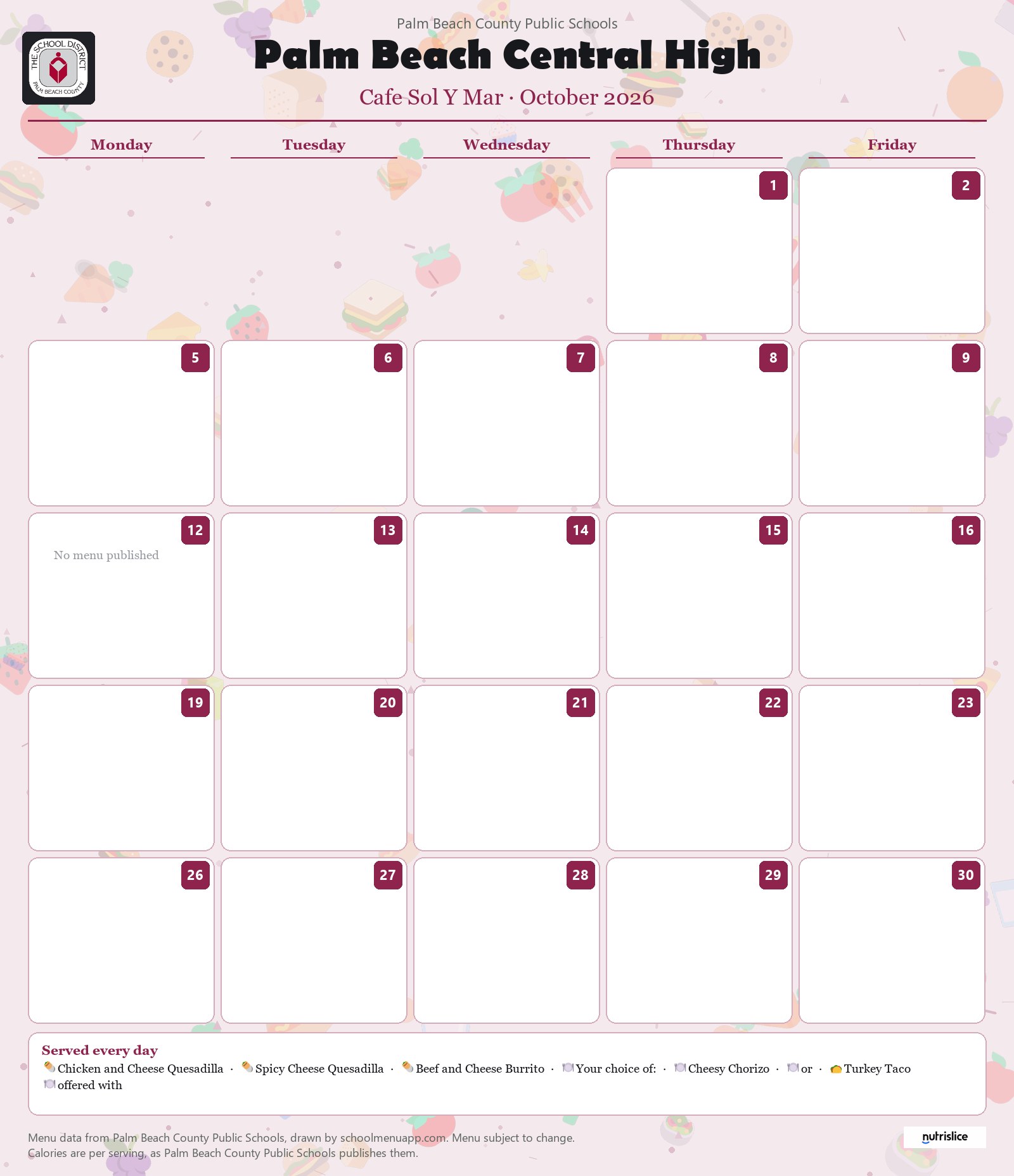 Palm Beach Central High cafe sol y mar menu for October 2026, Palm Beach County Public Schools