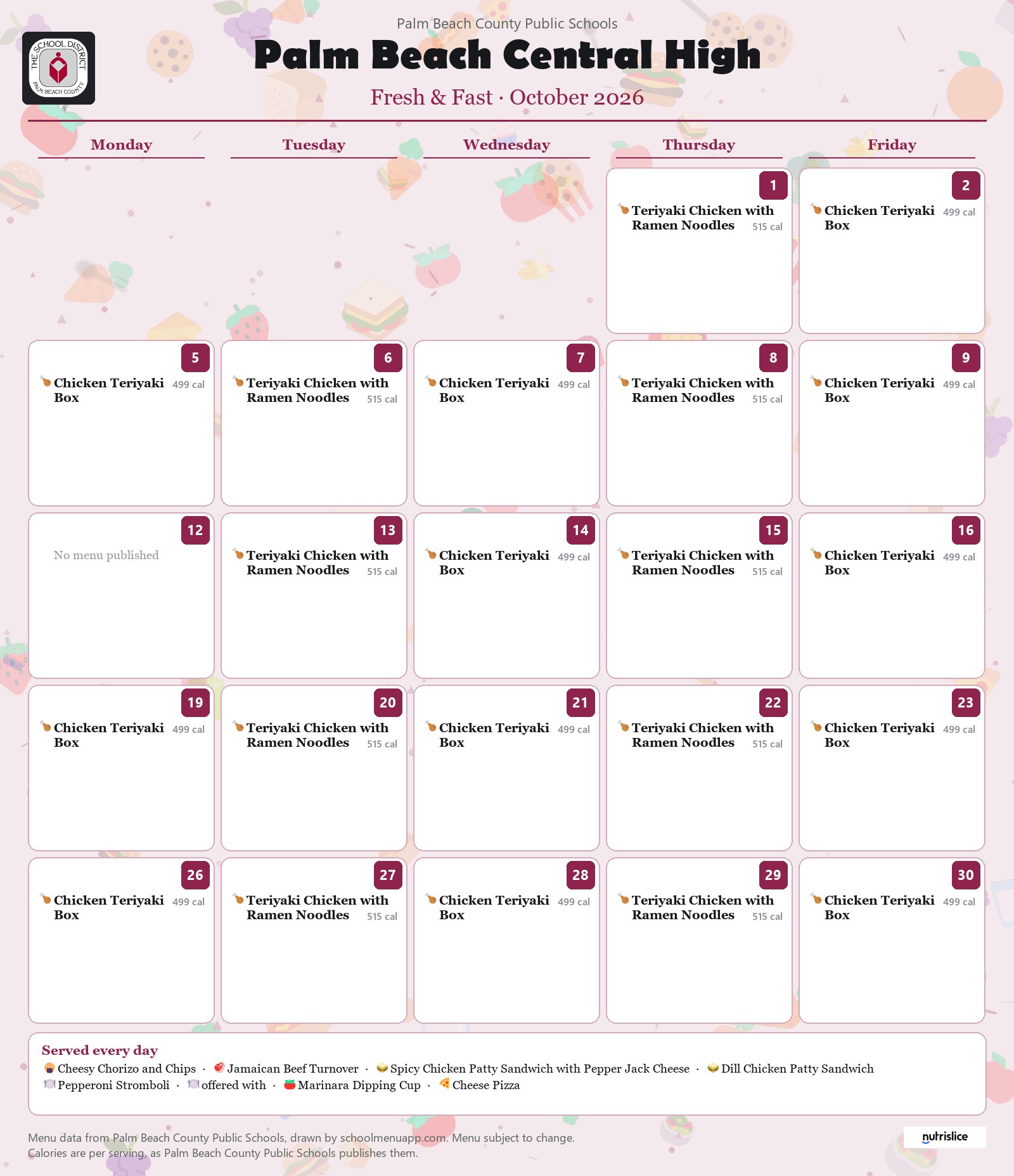 Palm Beach Central High fresh & fast menu for October 2026, Palm Beach County Public Schools