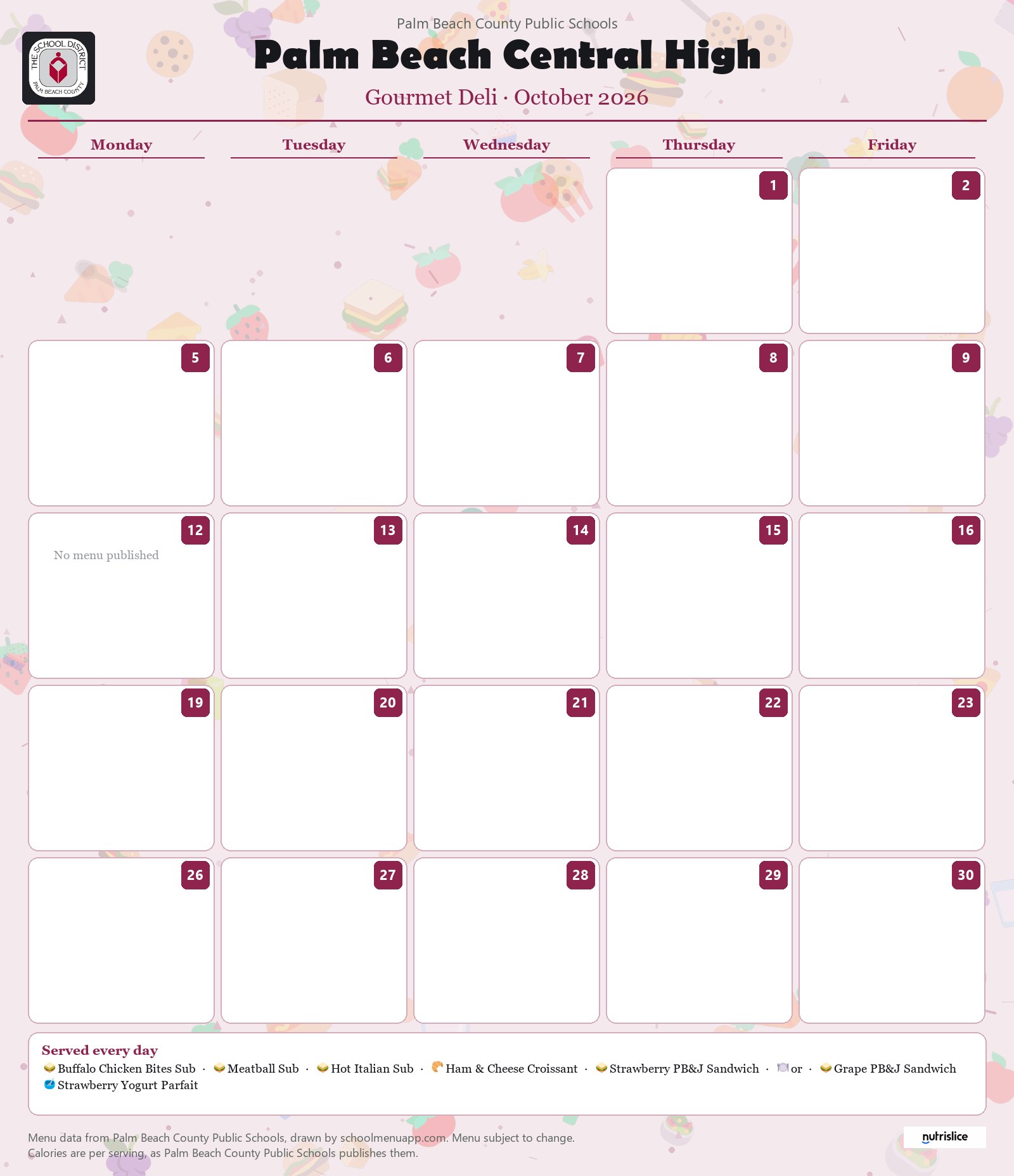 Palm Beach Central High gourmet deli menu for October 2026, Palm Beach County Public Schools