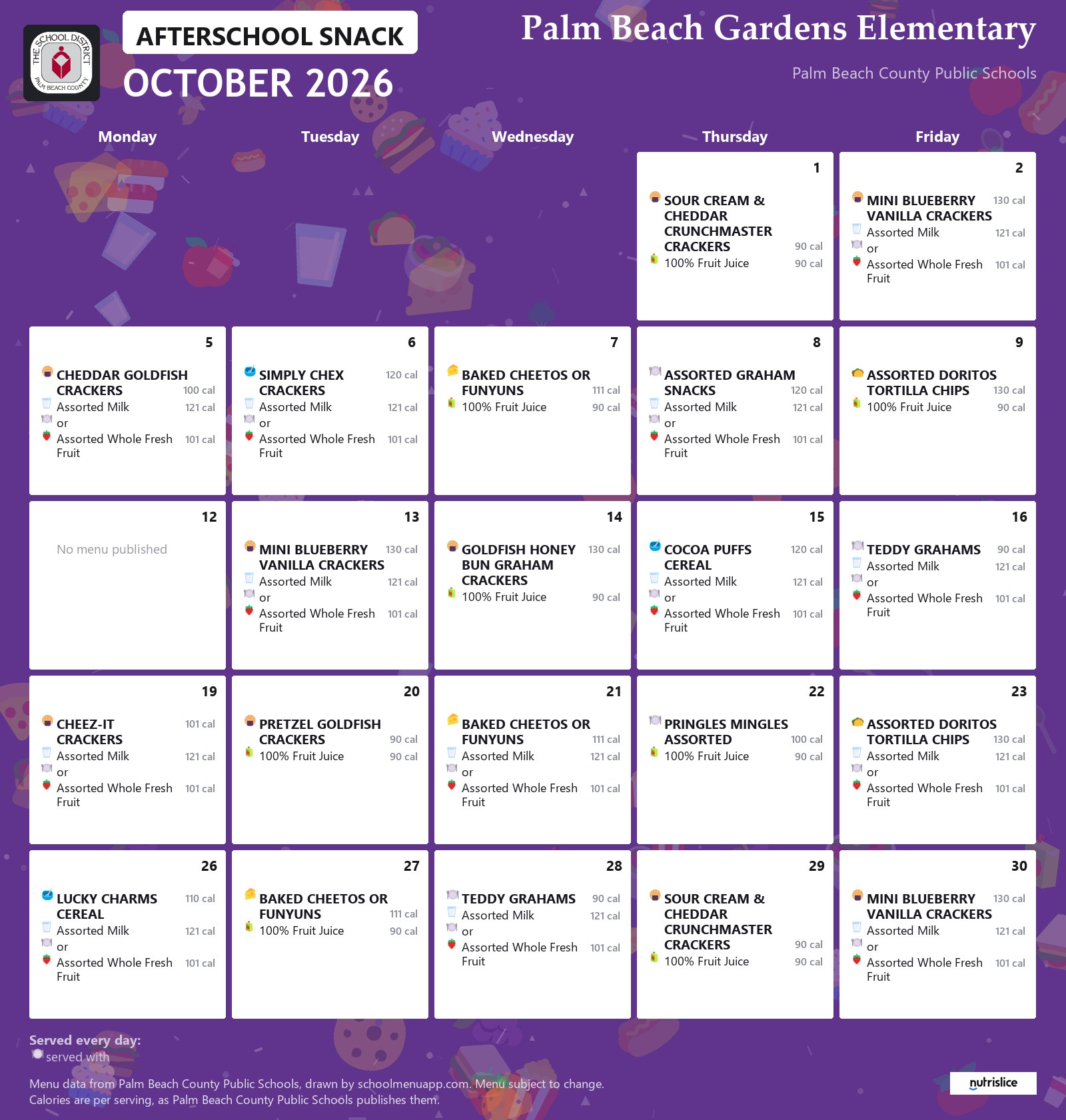 Palm Beach Gardens Elementary afterschool snack menu for October 2026, Palm Beach County Public Schools
