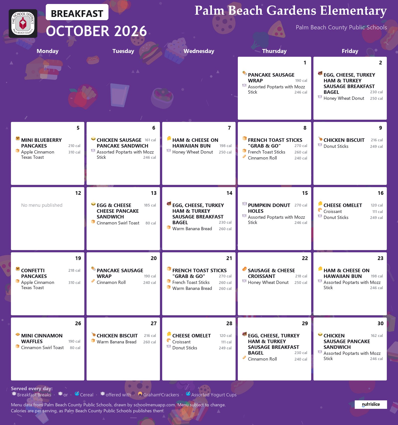 Palm Beach Gardens Elementary breakfast menu for October 2026, Palm Beach County Public Schools