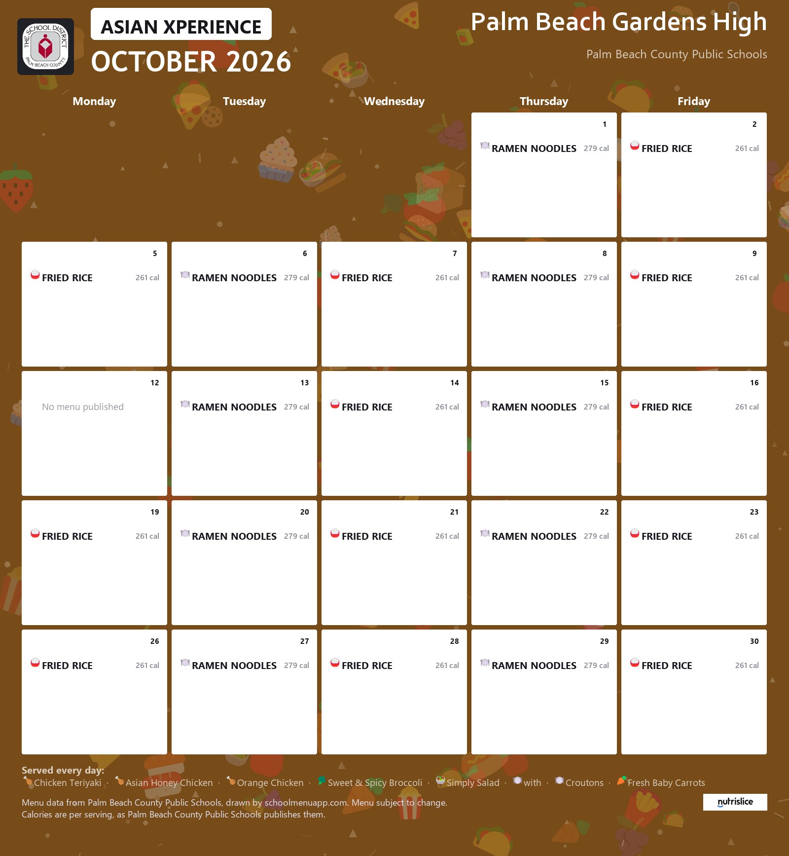 Palm Beach Gardens High asian xperience menu for October 2026, Palm Beach County Public Schools