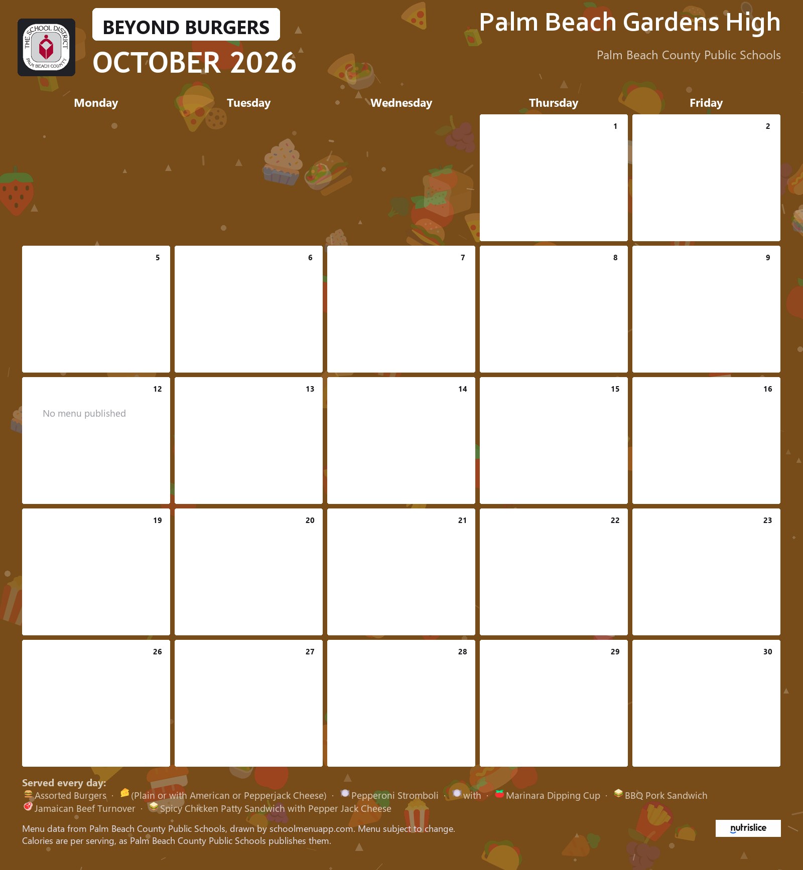 Palm Beach Gardens High beyond burgers menu for October 2026, Palm Beach County Public Schools