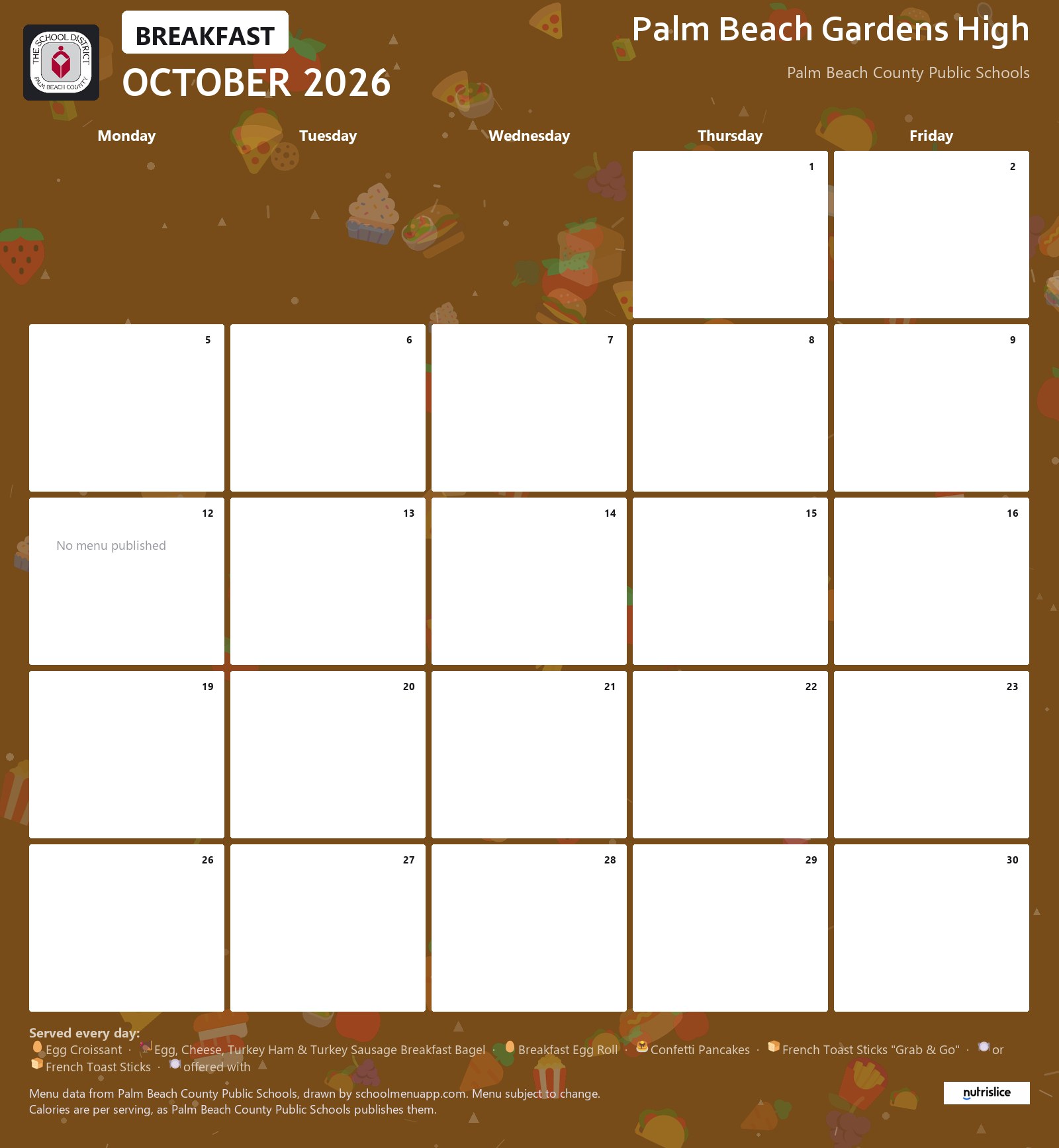 Palm Beach Gardens High breakfast menu for October 2026, Palm Beach County Public Schools