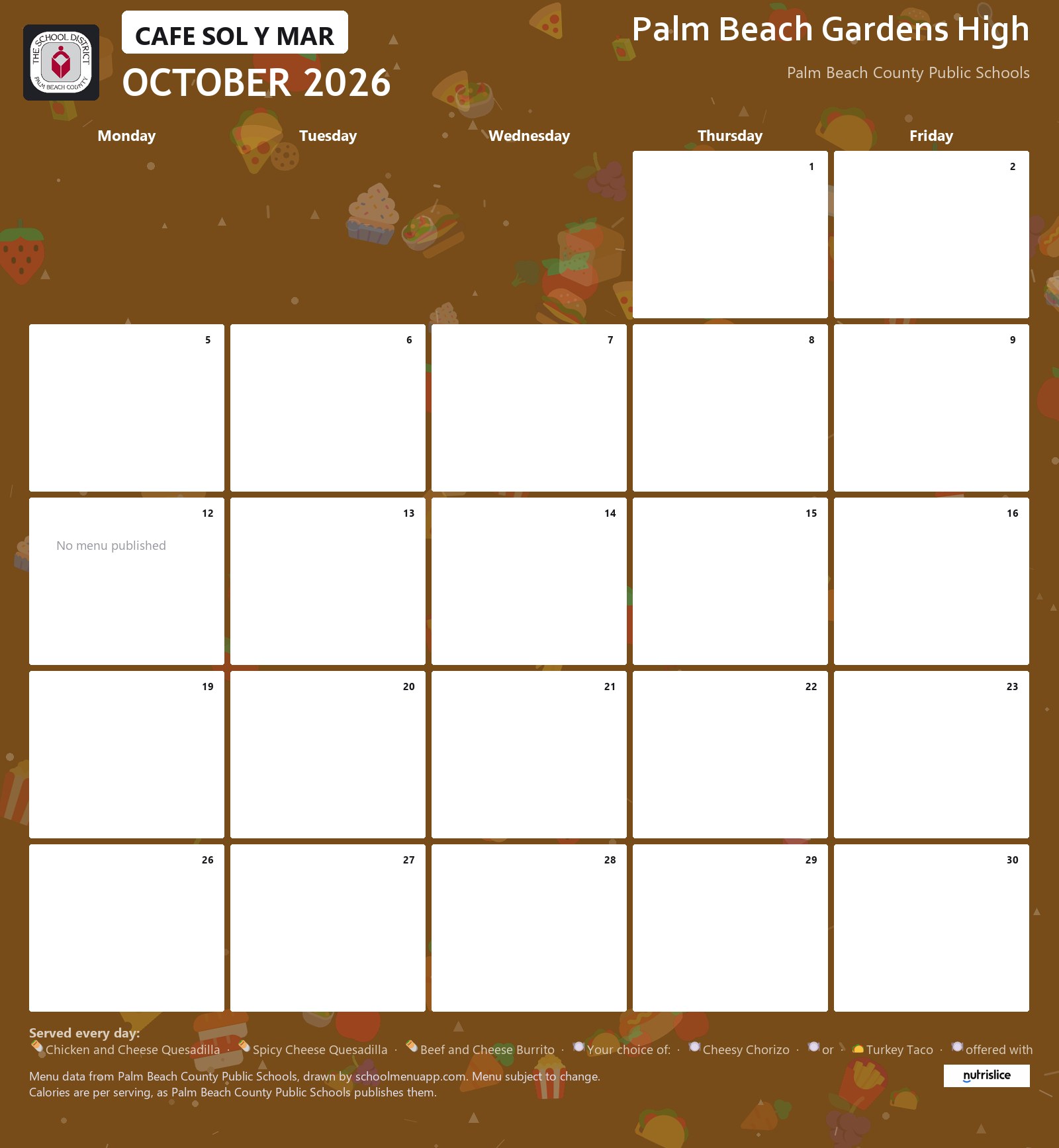 Palm Beach Gardens High cafe sol y mar menu for October 2026, Palm Beach County Public Schools