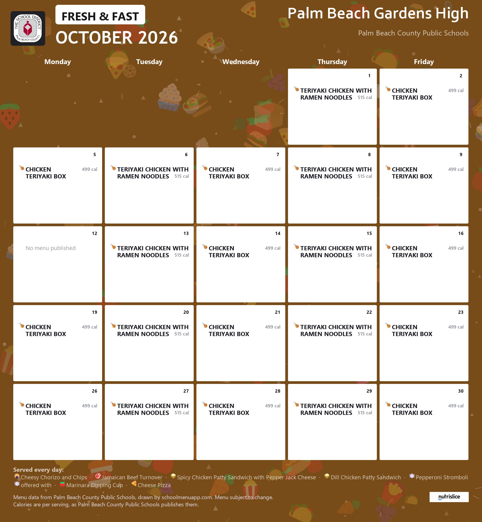 Palm Beach Gardens High fresh & fast menu for October 2026, Palm Beach County Public Schools