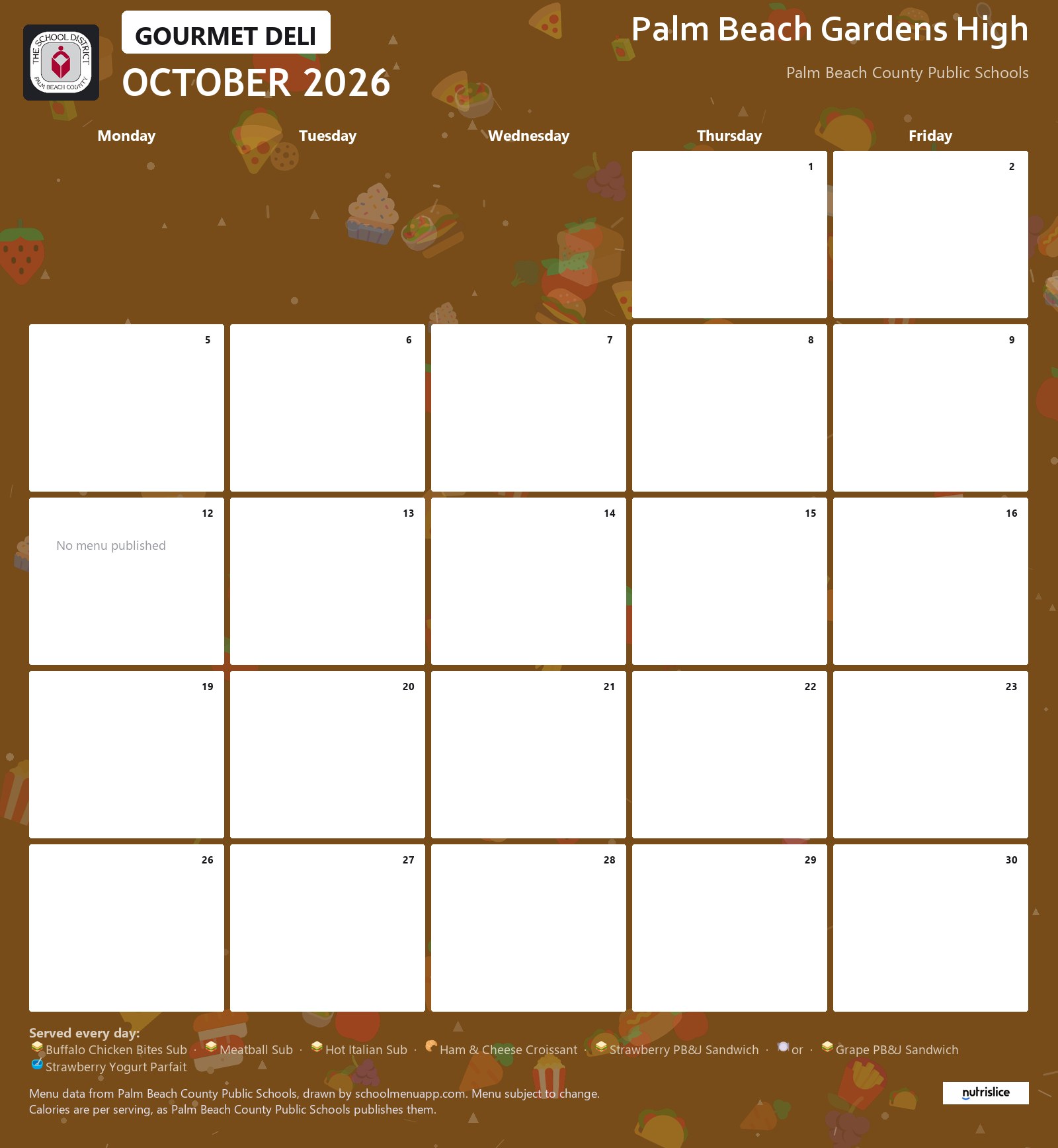 Palm Beach Gardens High gourmet deli menu for October 2026, Palm Beach County Public Schools