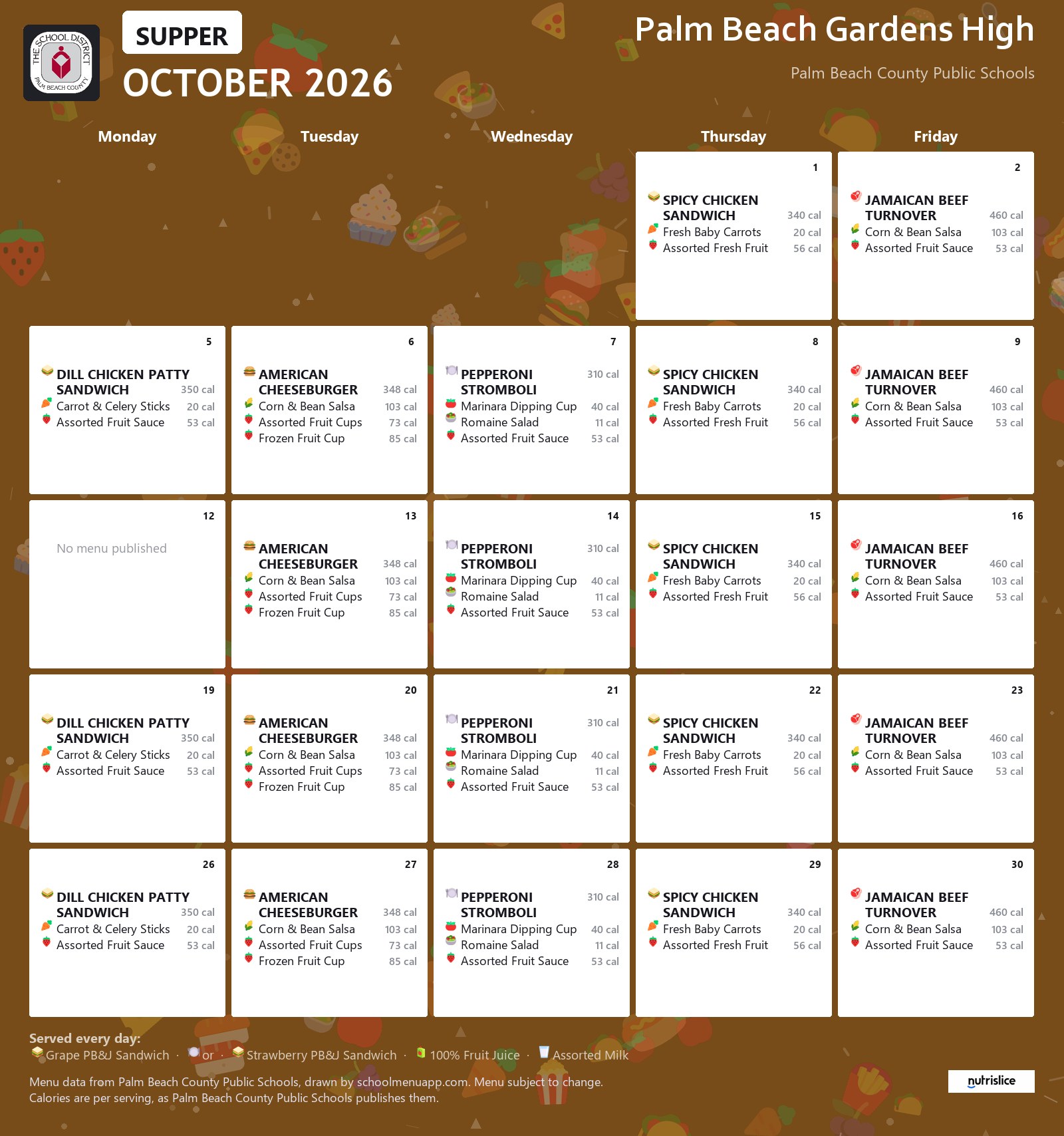 Palm Beach Gardens High supper menu for October 2026, Palm Beach County Public Schools