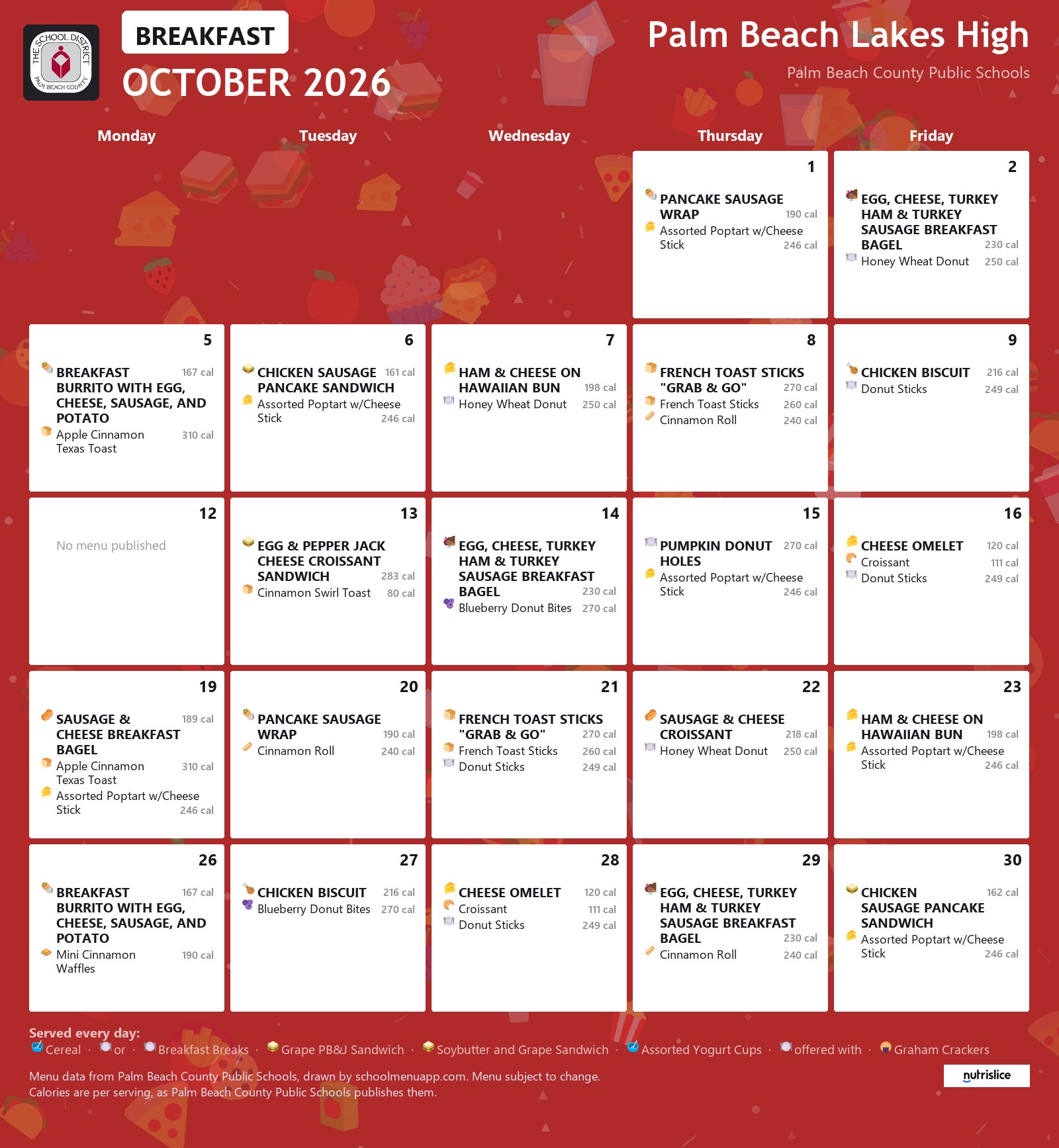 Palm Beach Lakes High breakfast menu for October 2026, Palm Beach County Public Schools