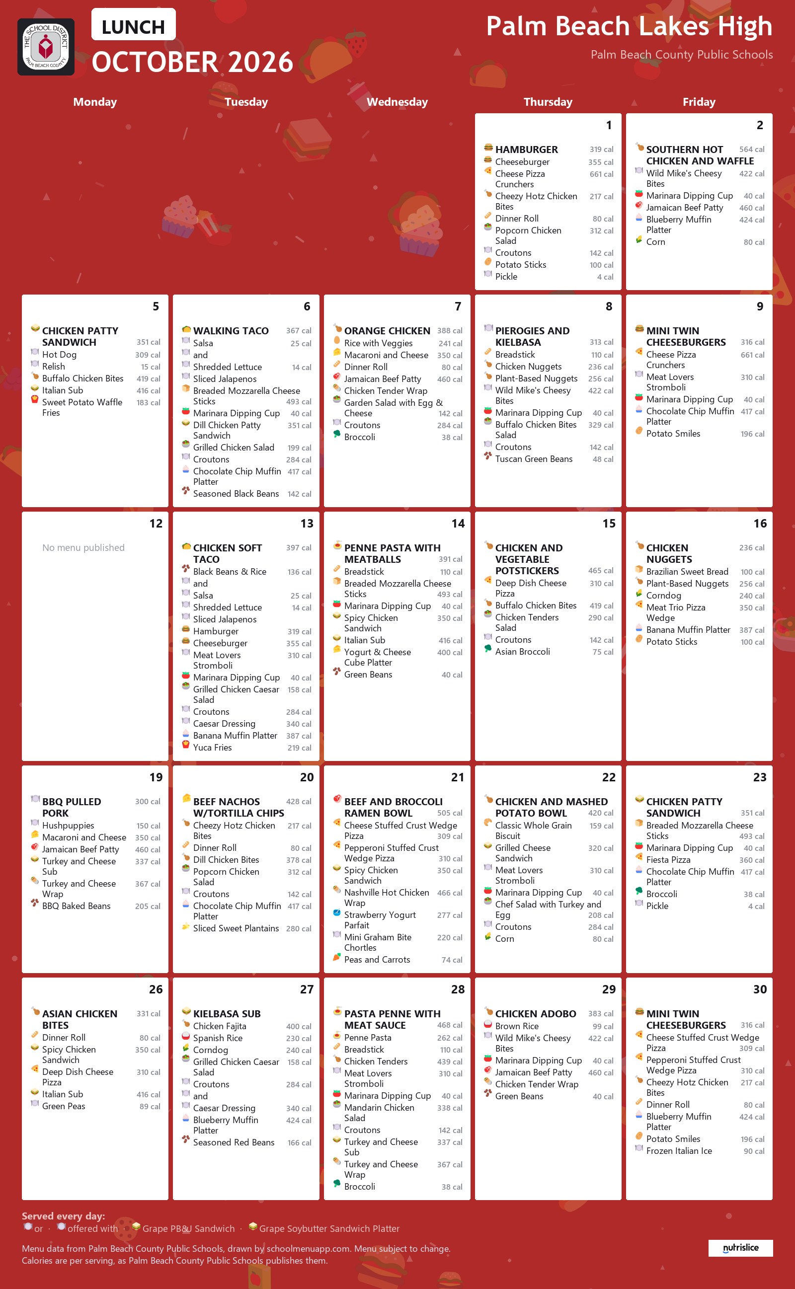 Palm Beach Lakes High lunch menu for October 2026, Palm Beach County Public Schools