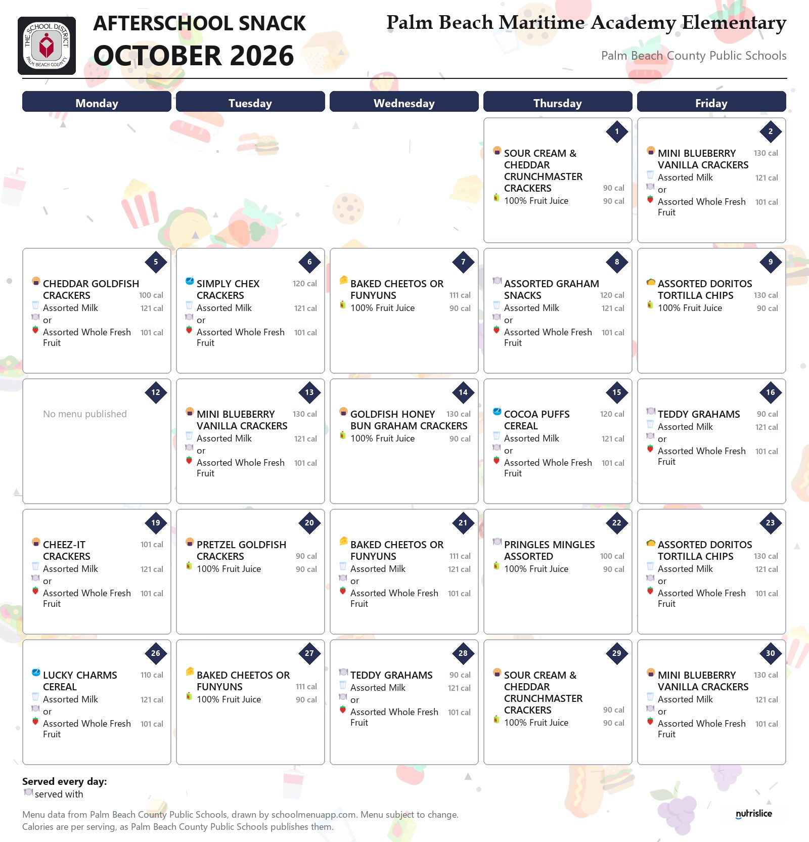 Palm Beach Maritime Academy Elementary afterschool snack menu for October 2026, Palm Beach County Public Schools
