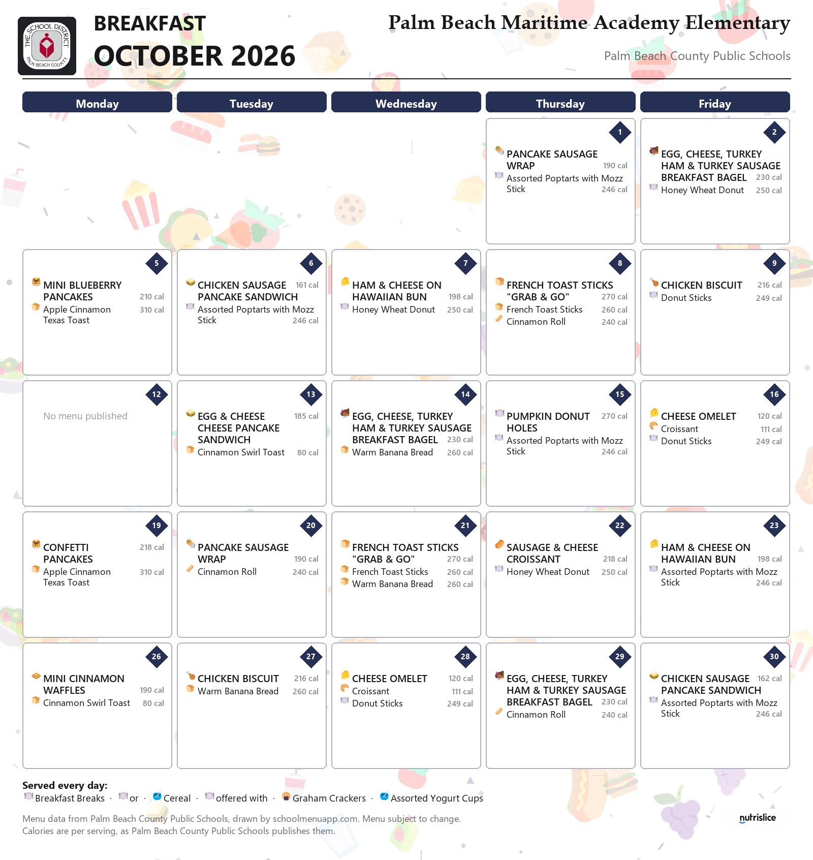 Palm Beach Maritime Academy Elementary breakfast menu for October 2026, Palm Beach County Public Schools