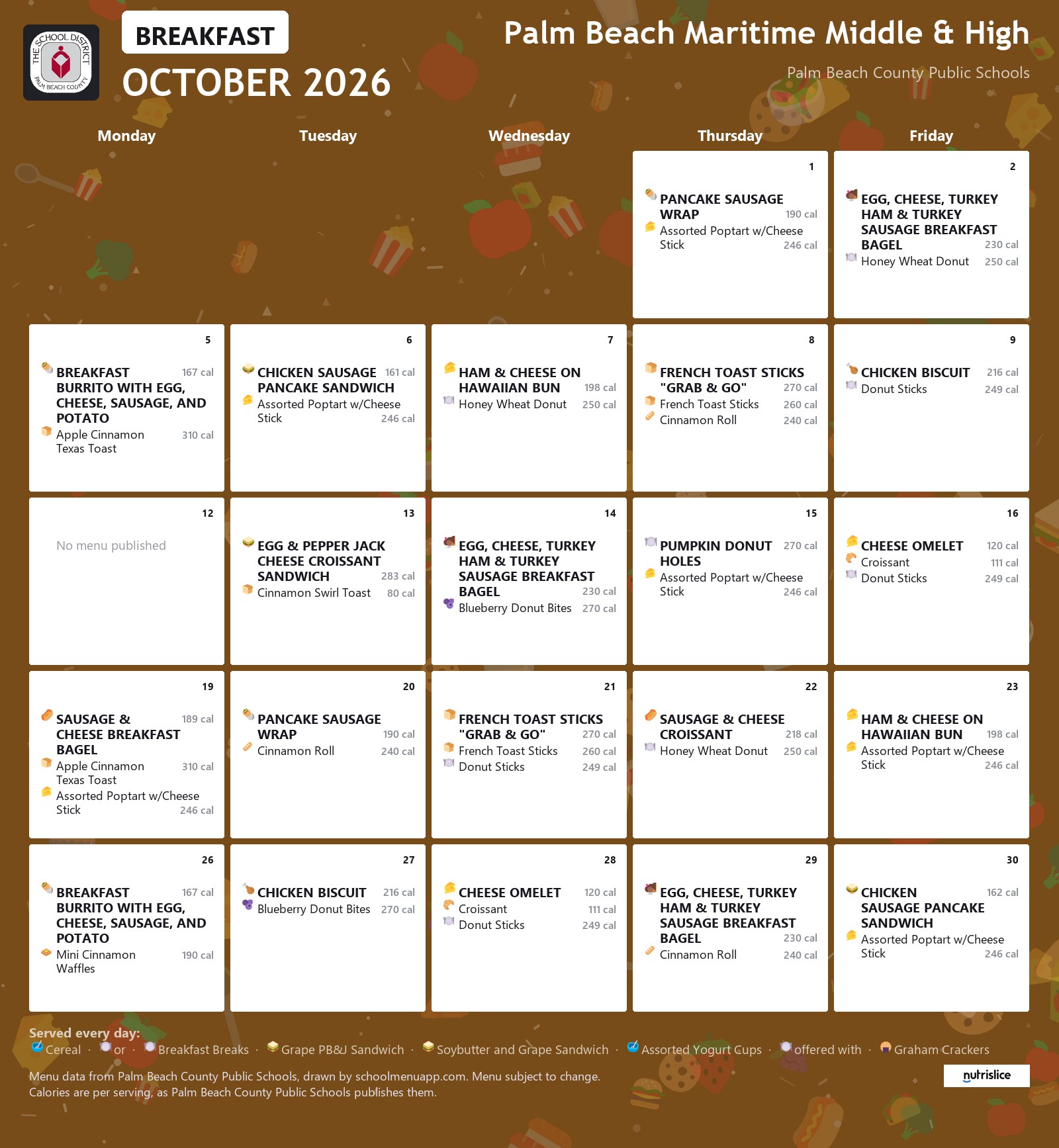Palm Beach Maritime Middle & High breakfast menu for October 2026, Palm Beach County Public Schools