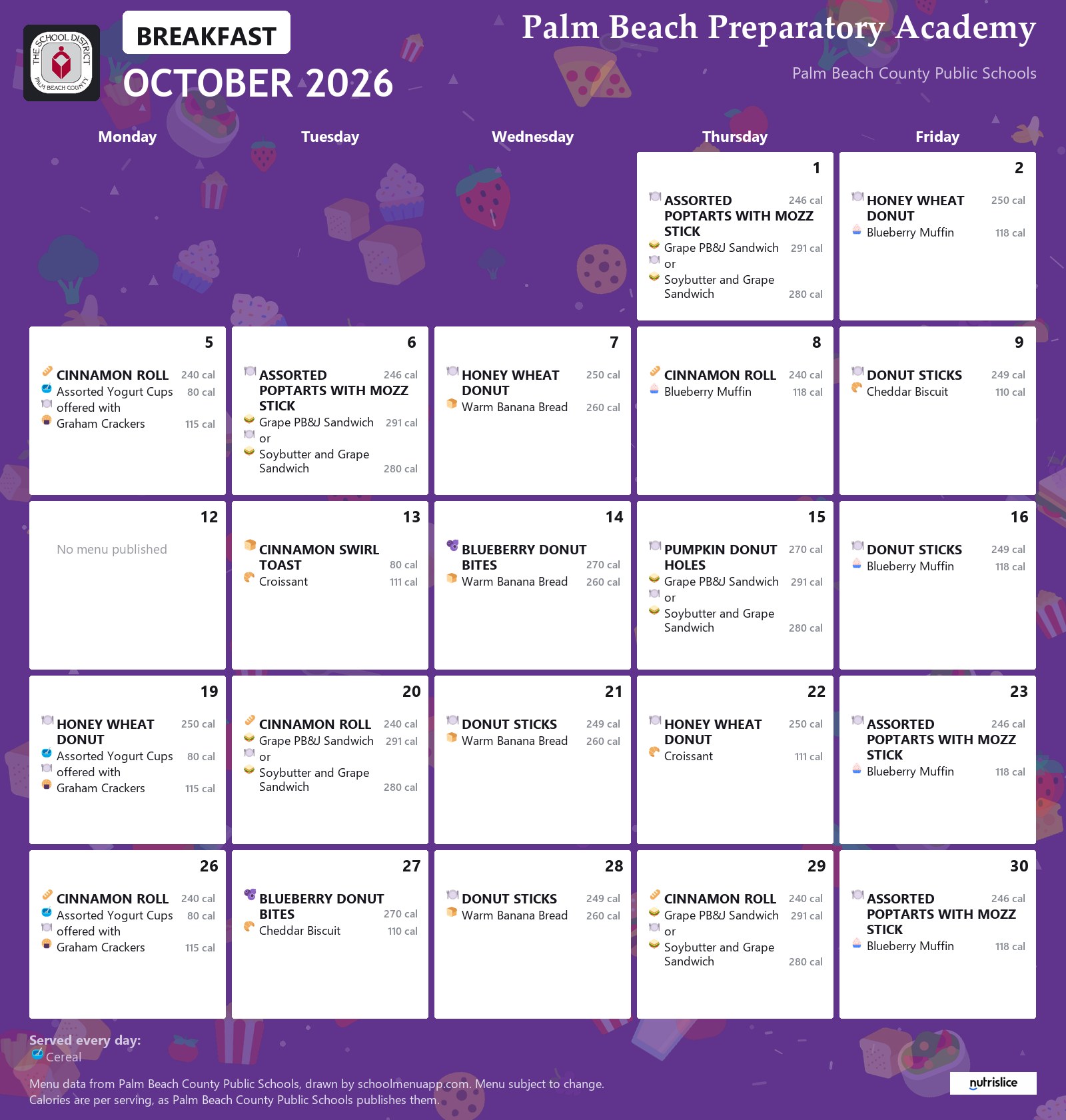 Palm Beach Preparatory Academy breakfast menu for October 2026, Palm Beach County Public Schools