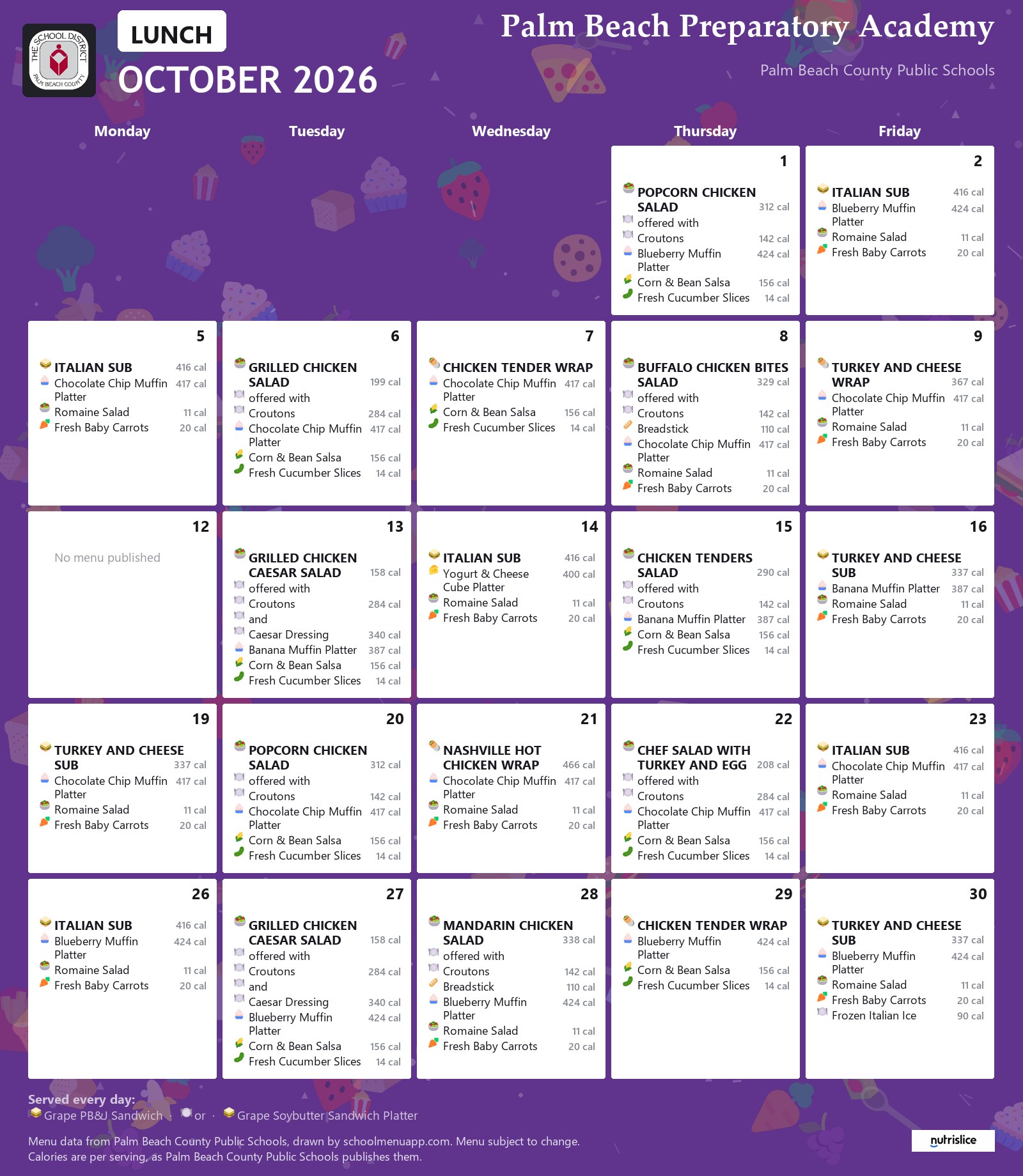 Palm Beach Preparatory Academy lunch menu for October 2026, Palm Beach County Public Schools