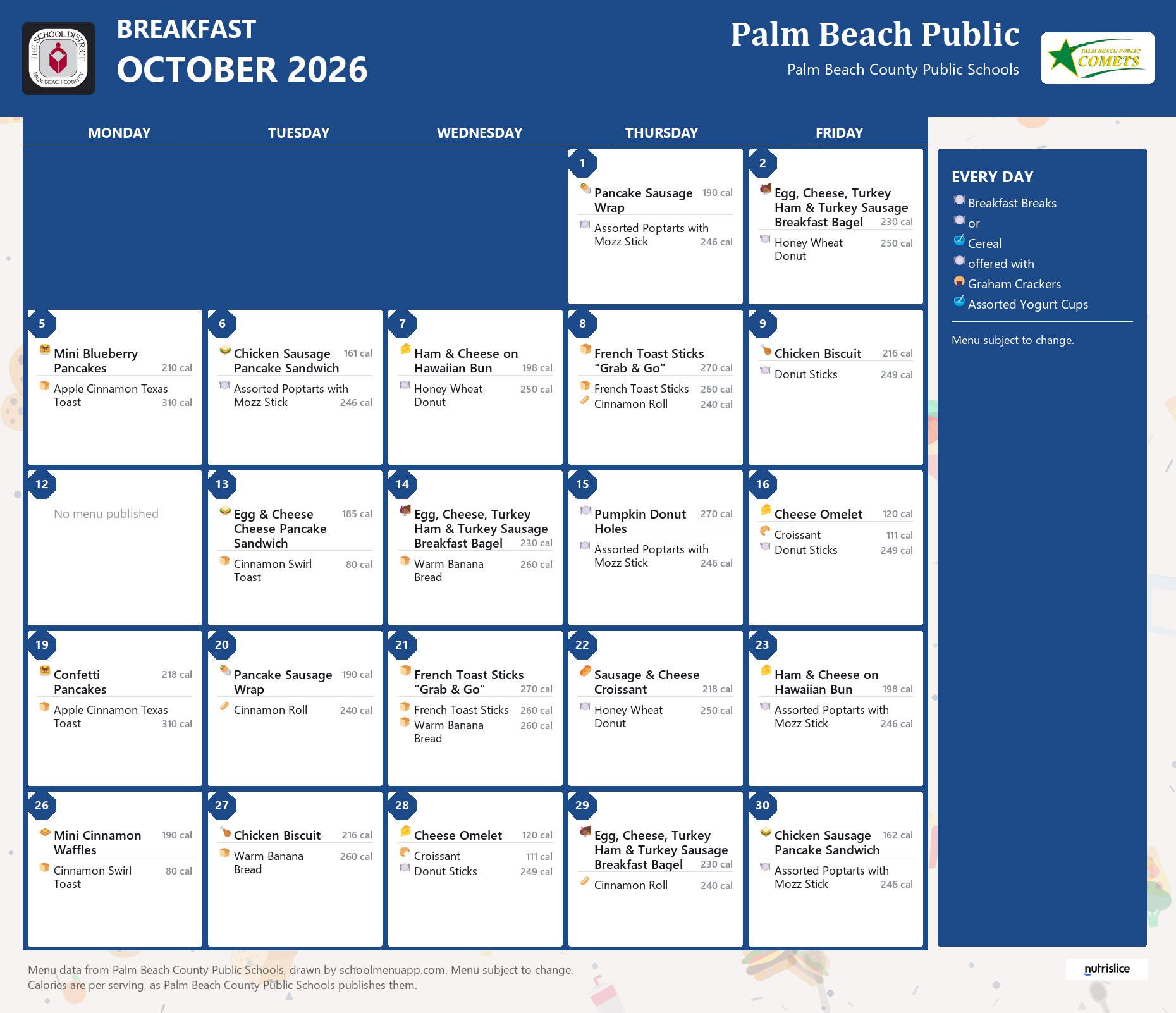 Palm Beach Public breakfast menu for October 2026, Palm Beach County Public Schools
