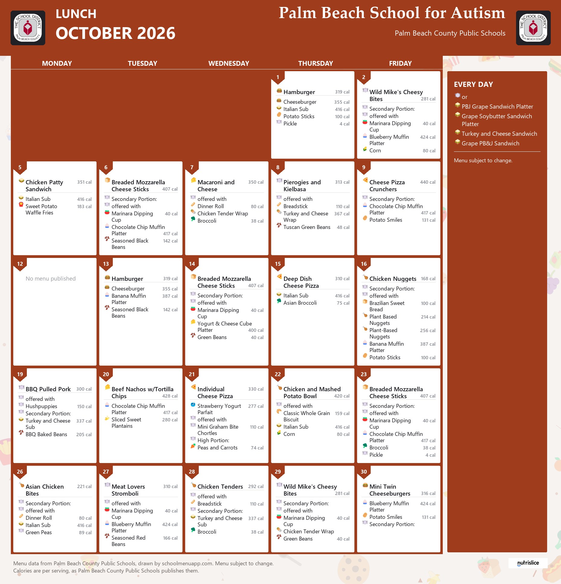 Palm Beach School for Autism lunch menu for October 2026, Palm Beach County Public Schools