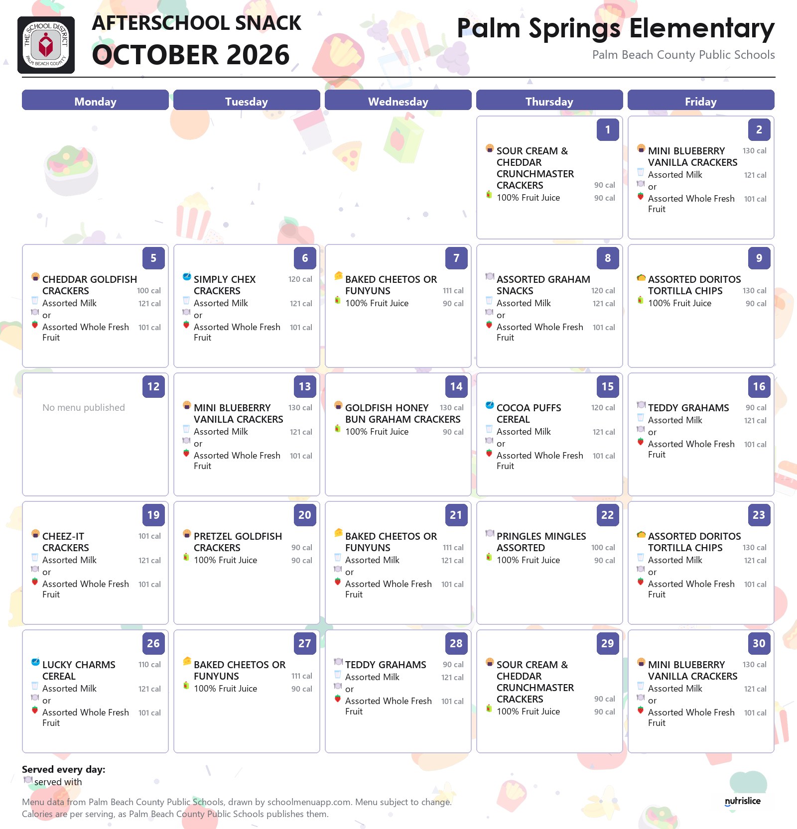Palm Springs Elementary afterschool snack menu for October 2026, Palm Beach County Public Schools