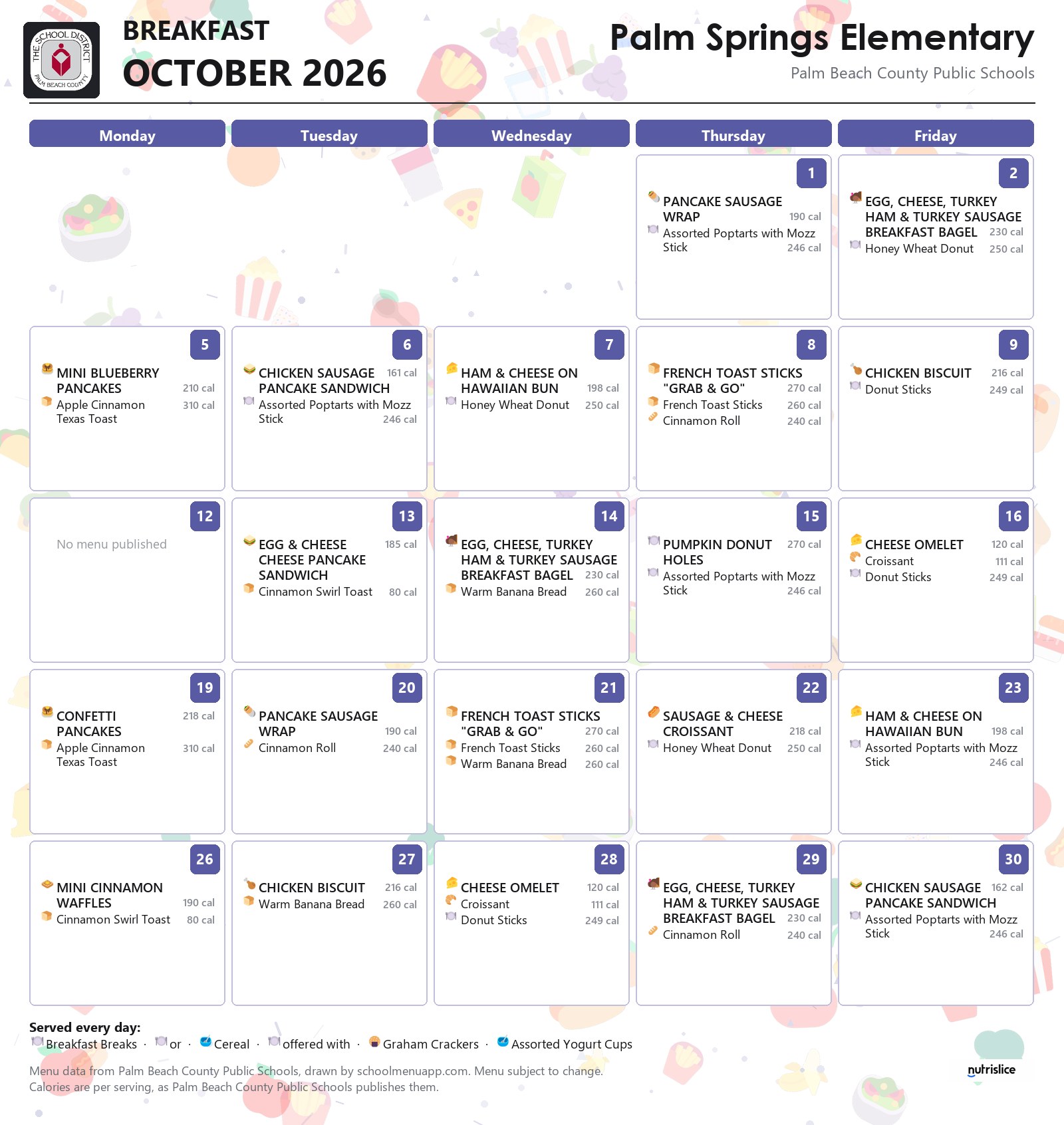 Palm Springs Elementary breakfast menu for October 2026, Palm Beach County Public Schools