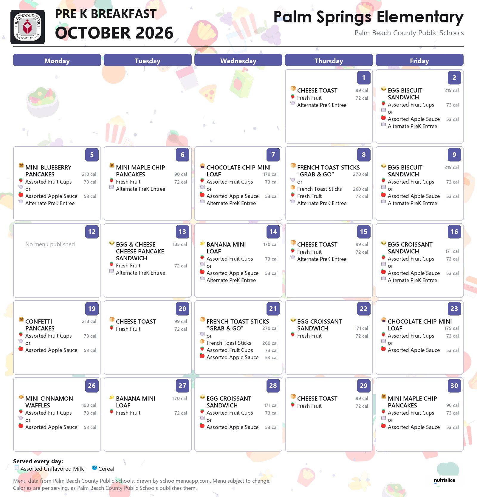 Palm Springs Elementary pre k breakfast menu for October 2026, Palm Beach County Public Schools