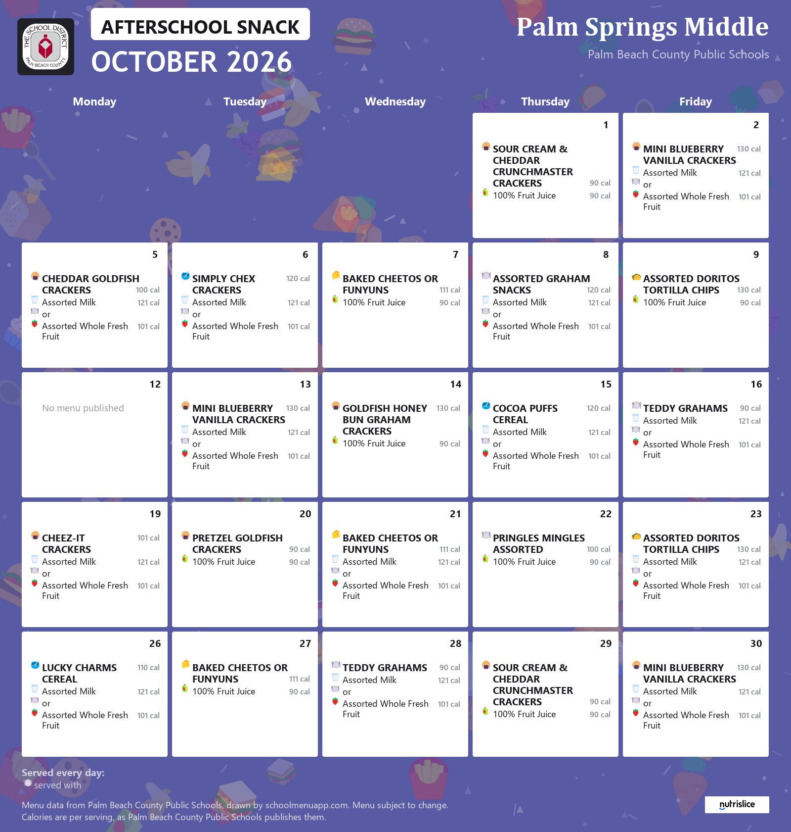 Palm Springs Middle afterschool snack menu for October 2026, Palm Beach County Public Schools