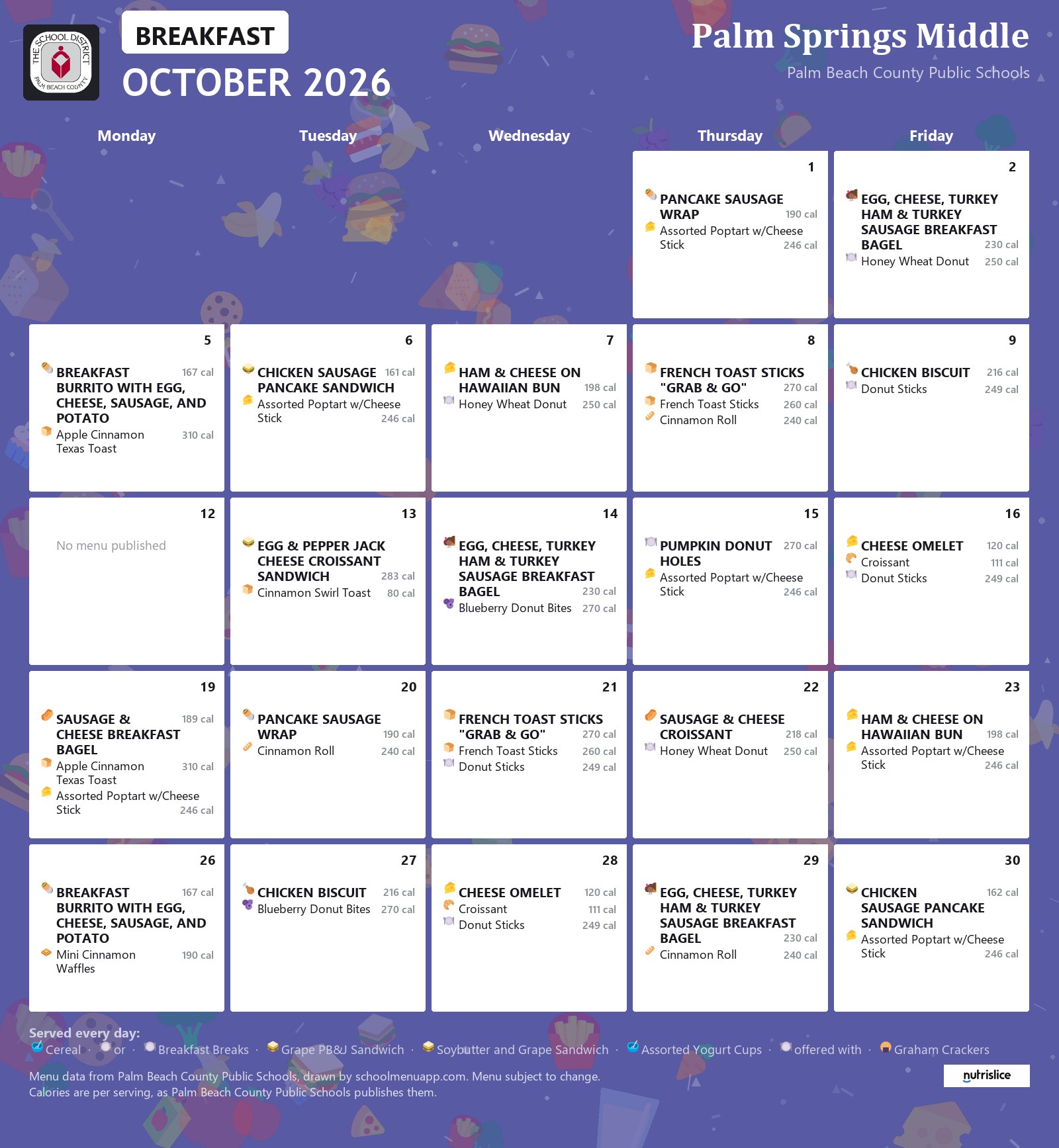 Palm Springs Middle breakfast menu for October 2026, Palm Beach County Public Schools