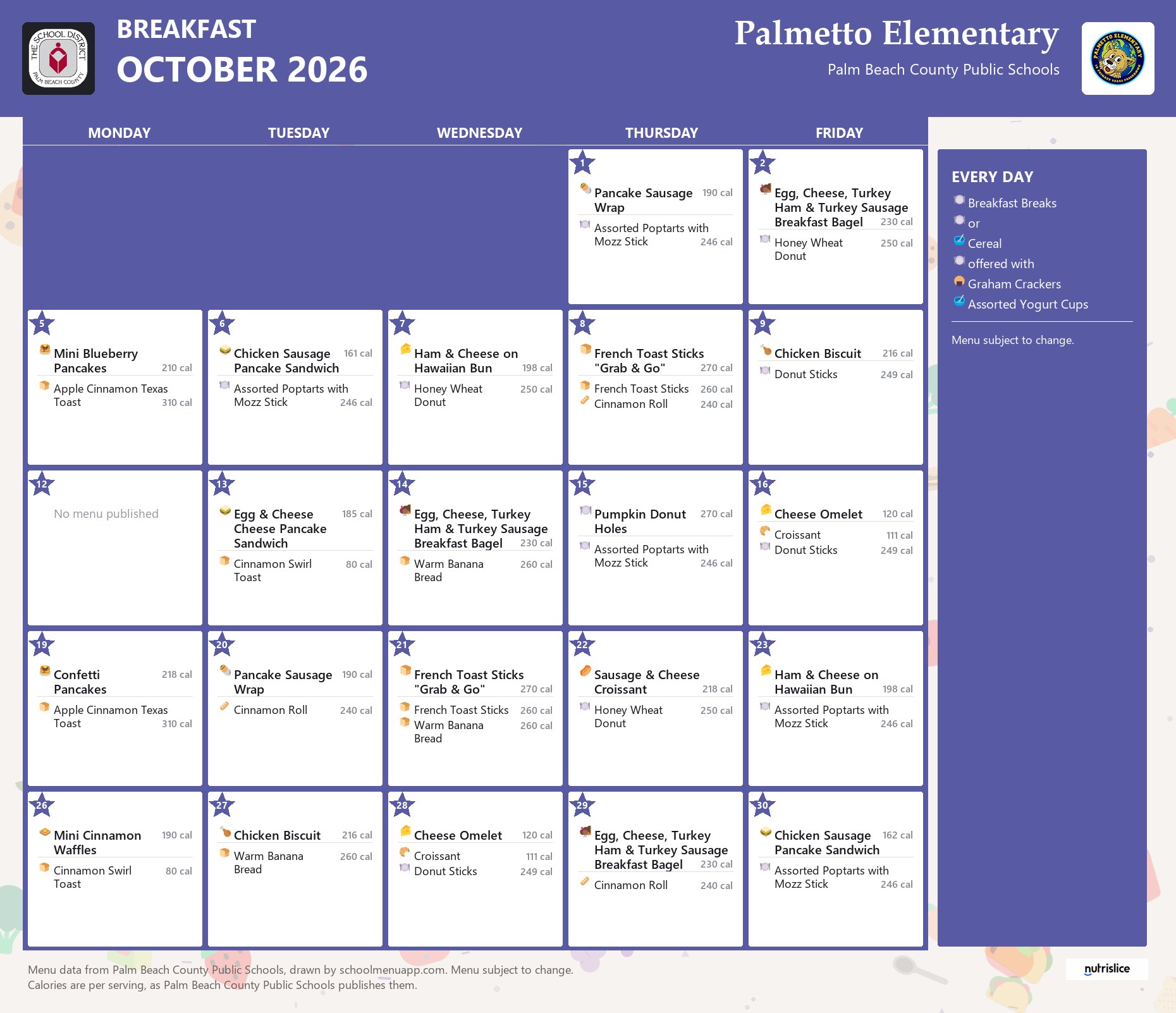 Palmetto Elementary breakfast menu for October 2026, Palm Beach County Public Schools