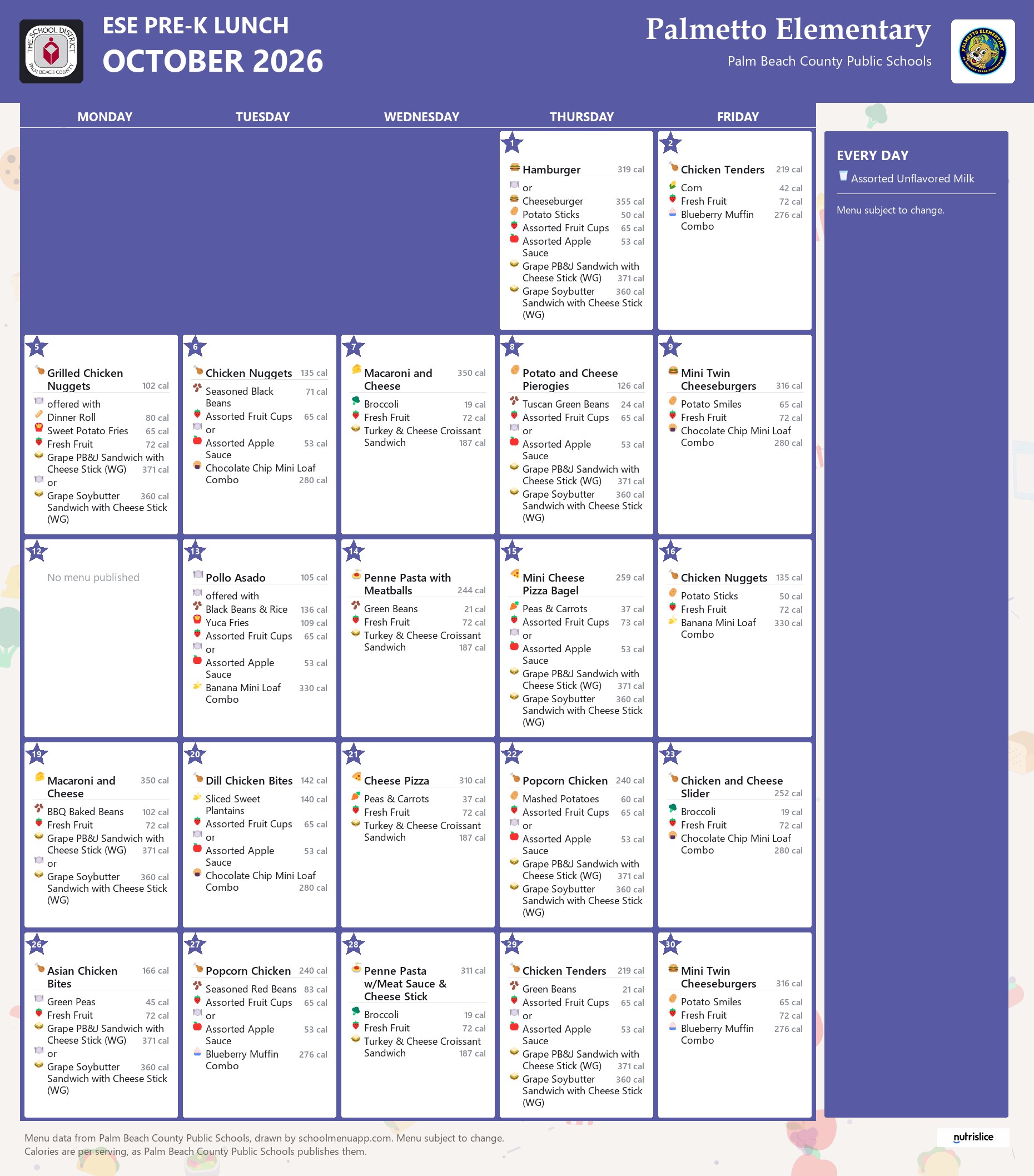 Palmetto Elementary ese pre-k lunch menu for October 2026, Palm Beach County Public Schools