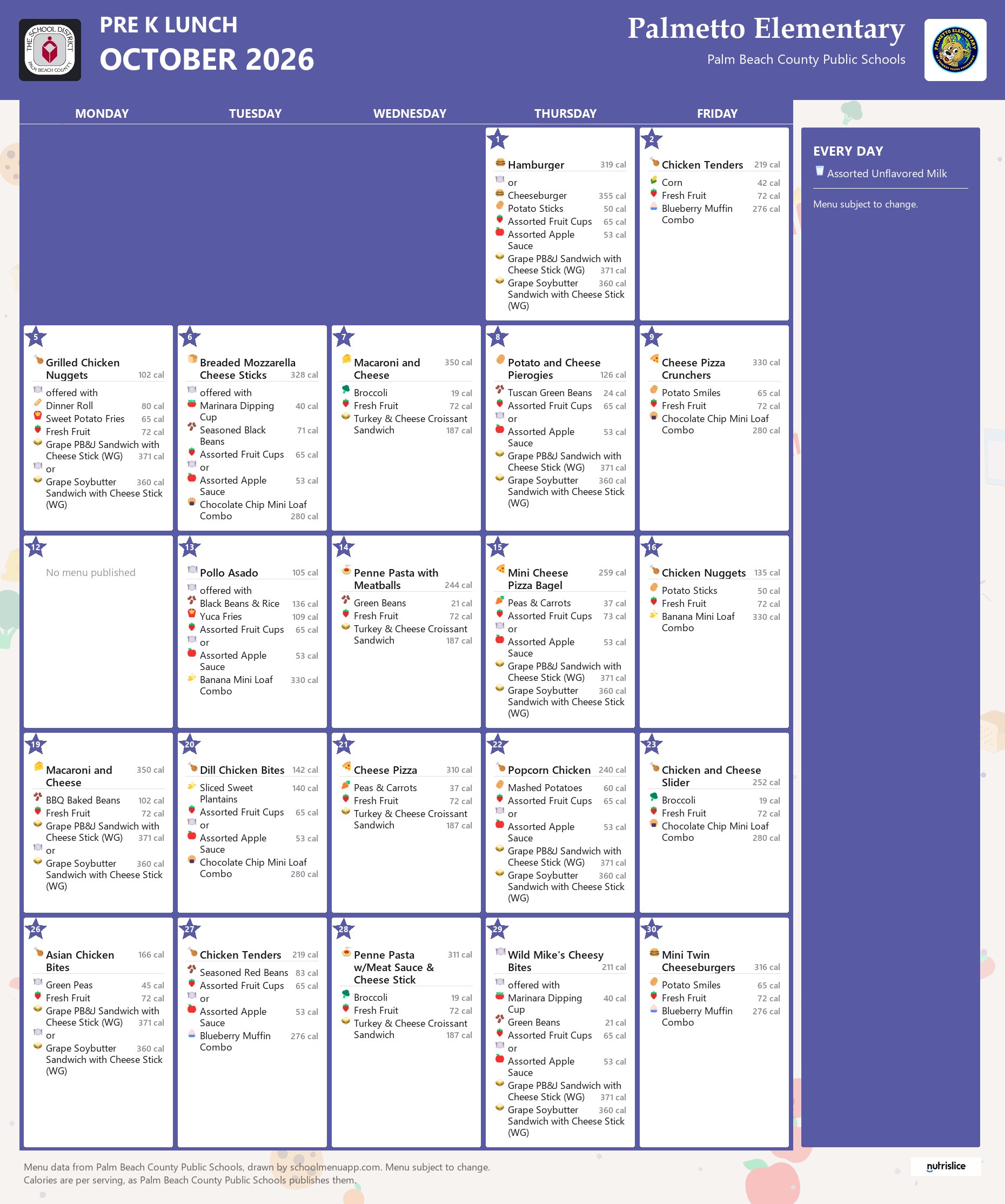 Palmetto Elementary pre k lunch menu for October 2026, Palm Beach County Public Schools