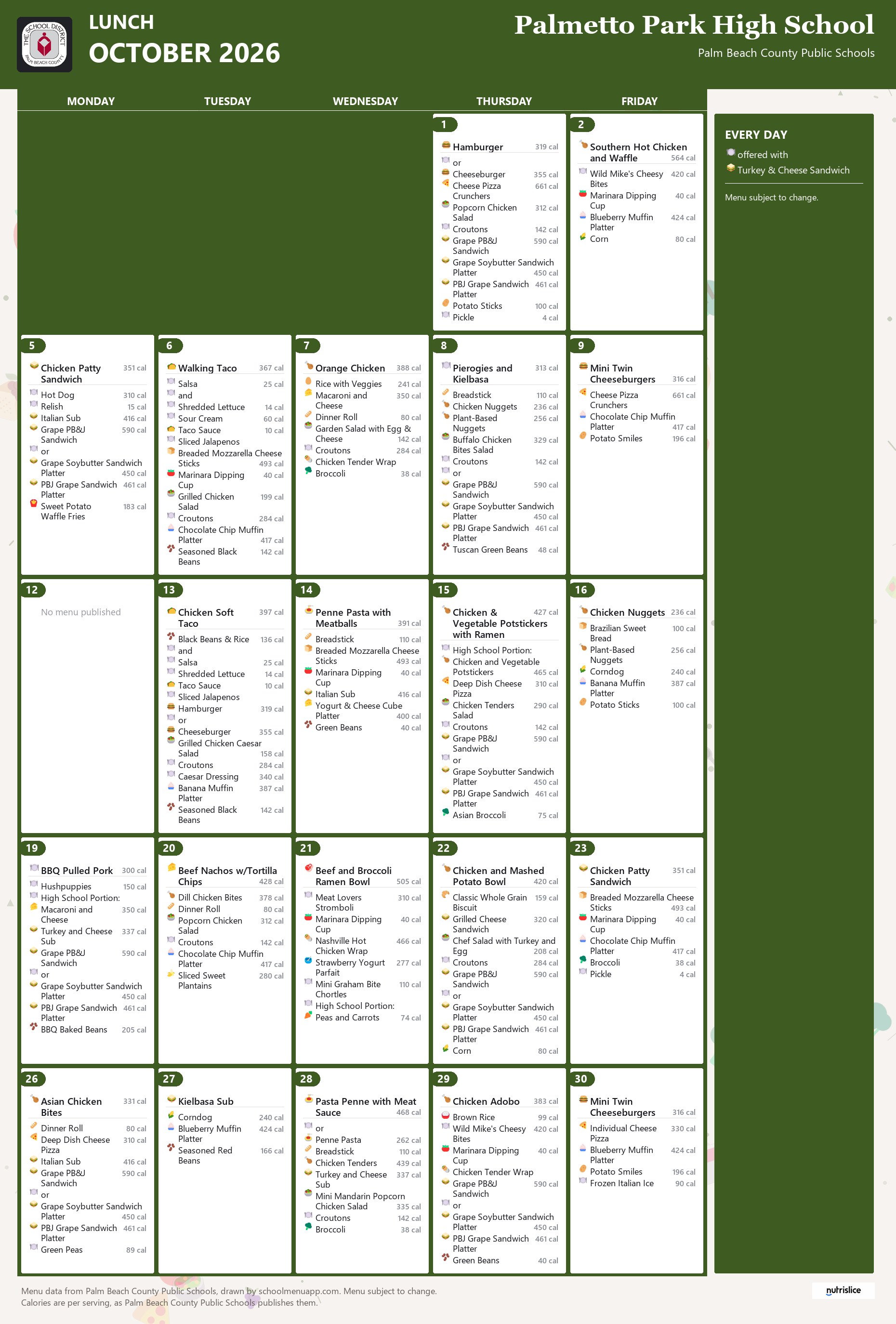 Palmetto Park High School lunch menu for October 2026, Palm Beach County Public Schools