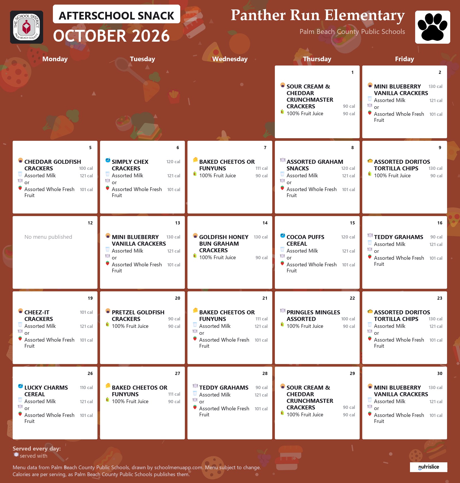 Panther Run Elementary afterschool snack menu for October 2026, Palm Beach County Public Schools