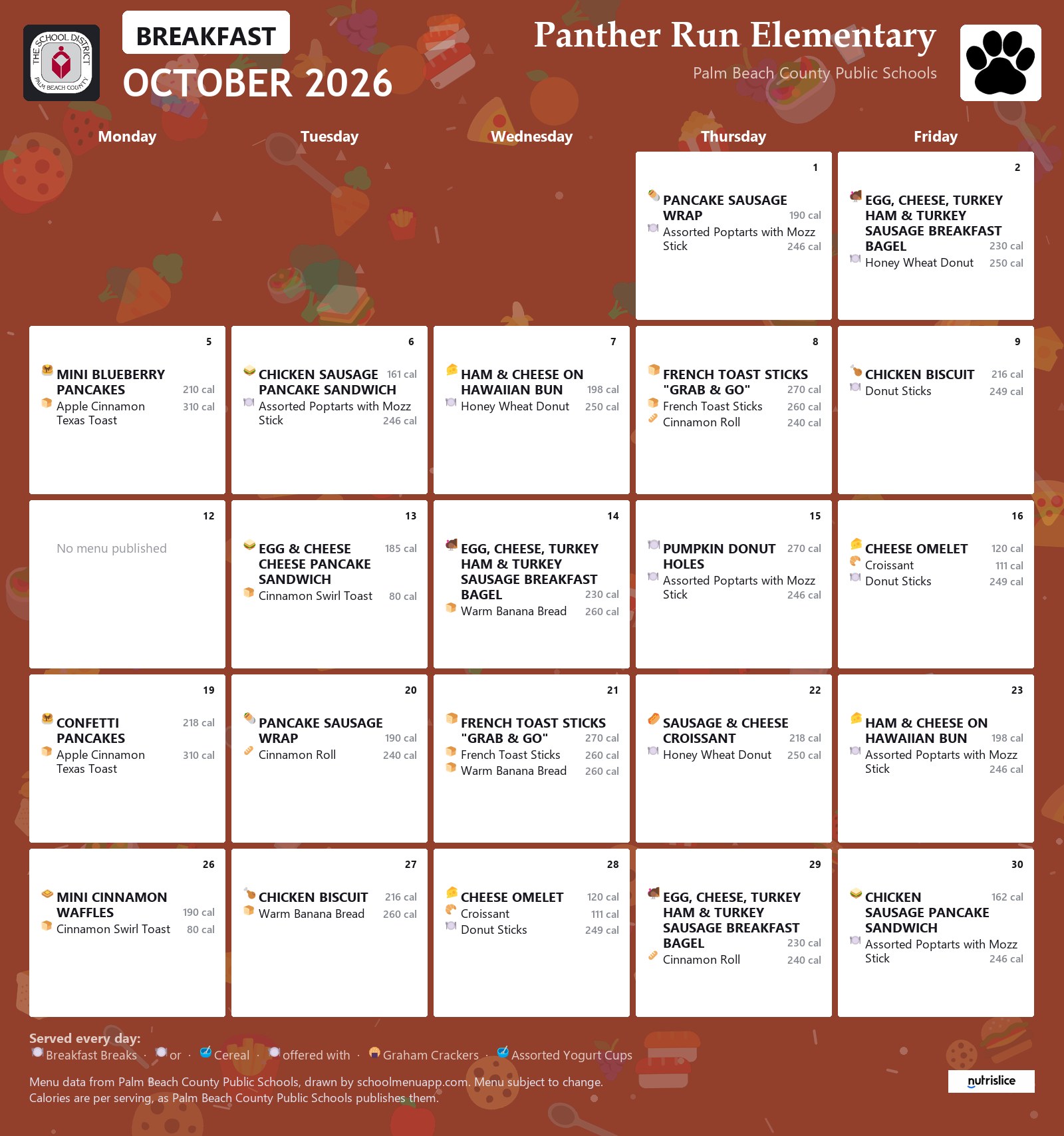 Panther Run Elementary breakfast menu for October 2026, Palm Beach County Public Schools