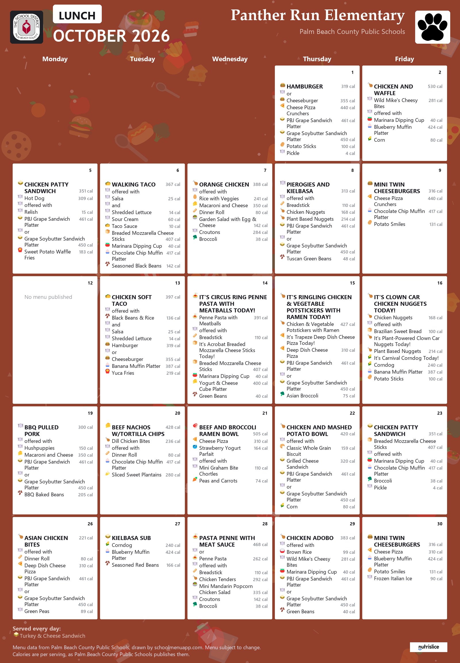 Panther Run Elementary lunch menu for October 2026, Palm Beach County Public Schools