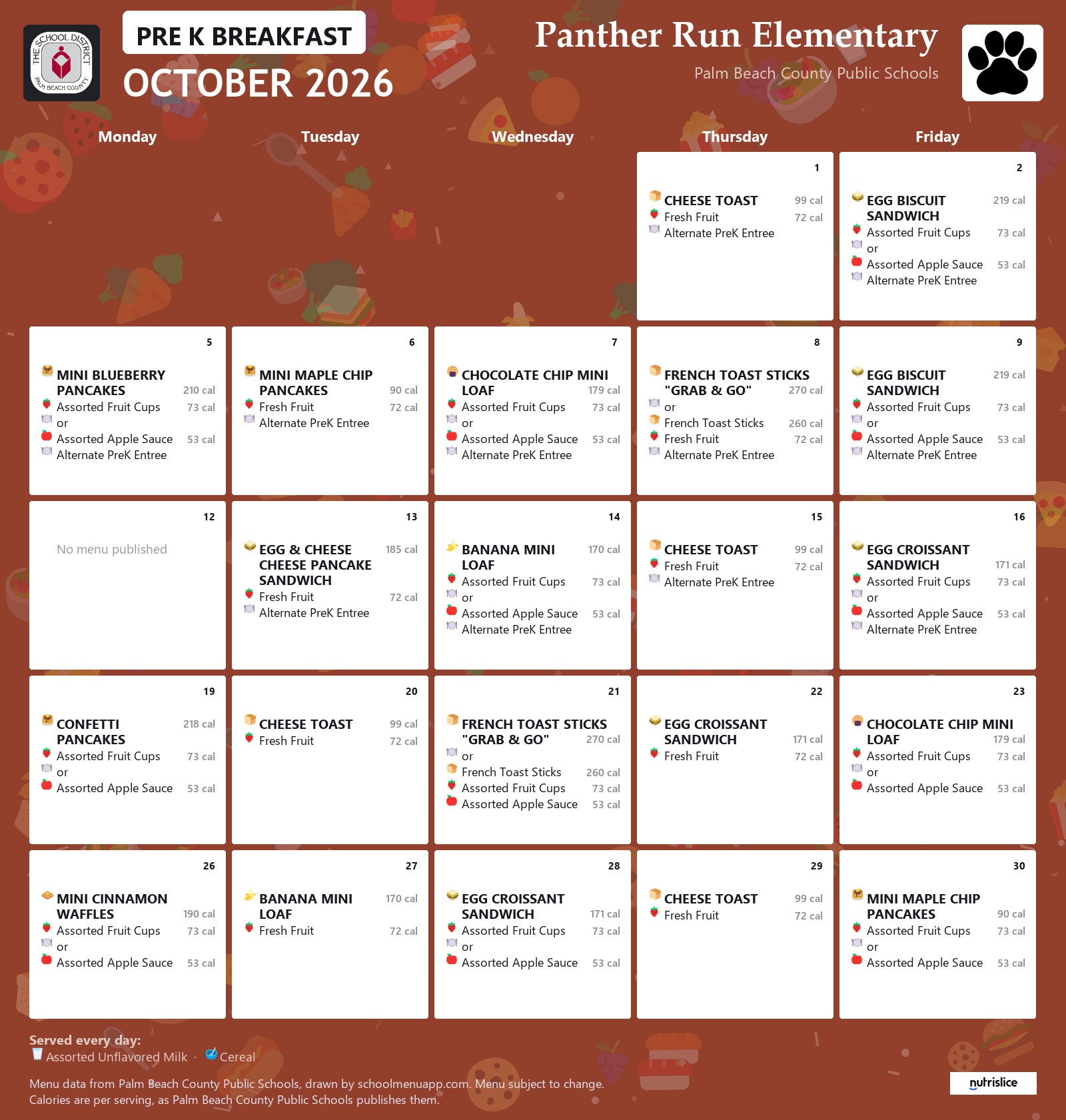 Panther Run Elementary pre k breakfast menu for October 2026, Palm Beach County Public Schools