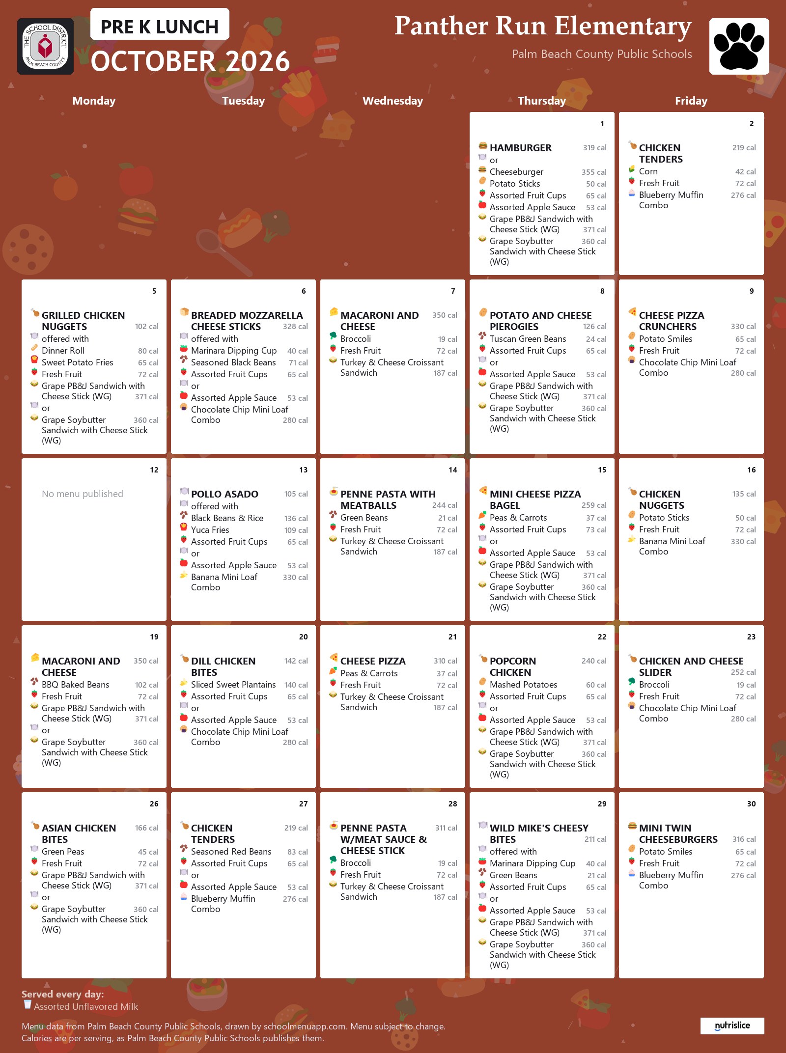 Panther Run Elementary pre k lunch menu for October 2026, Palm Beach County Public Schools