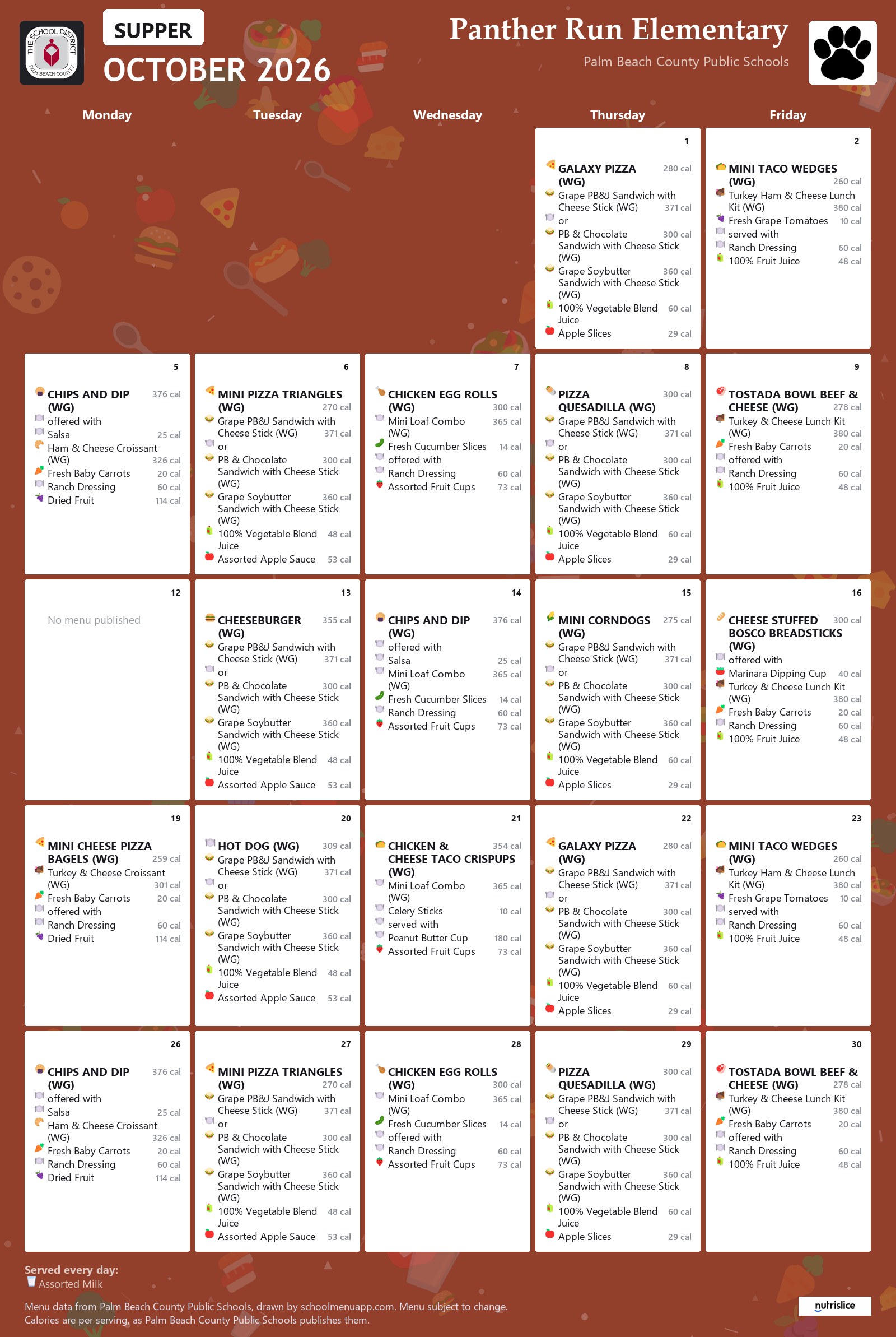 Panther Run Elementary supper menu for October 2026, Palm Beach County Public Schools