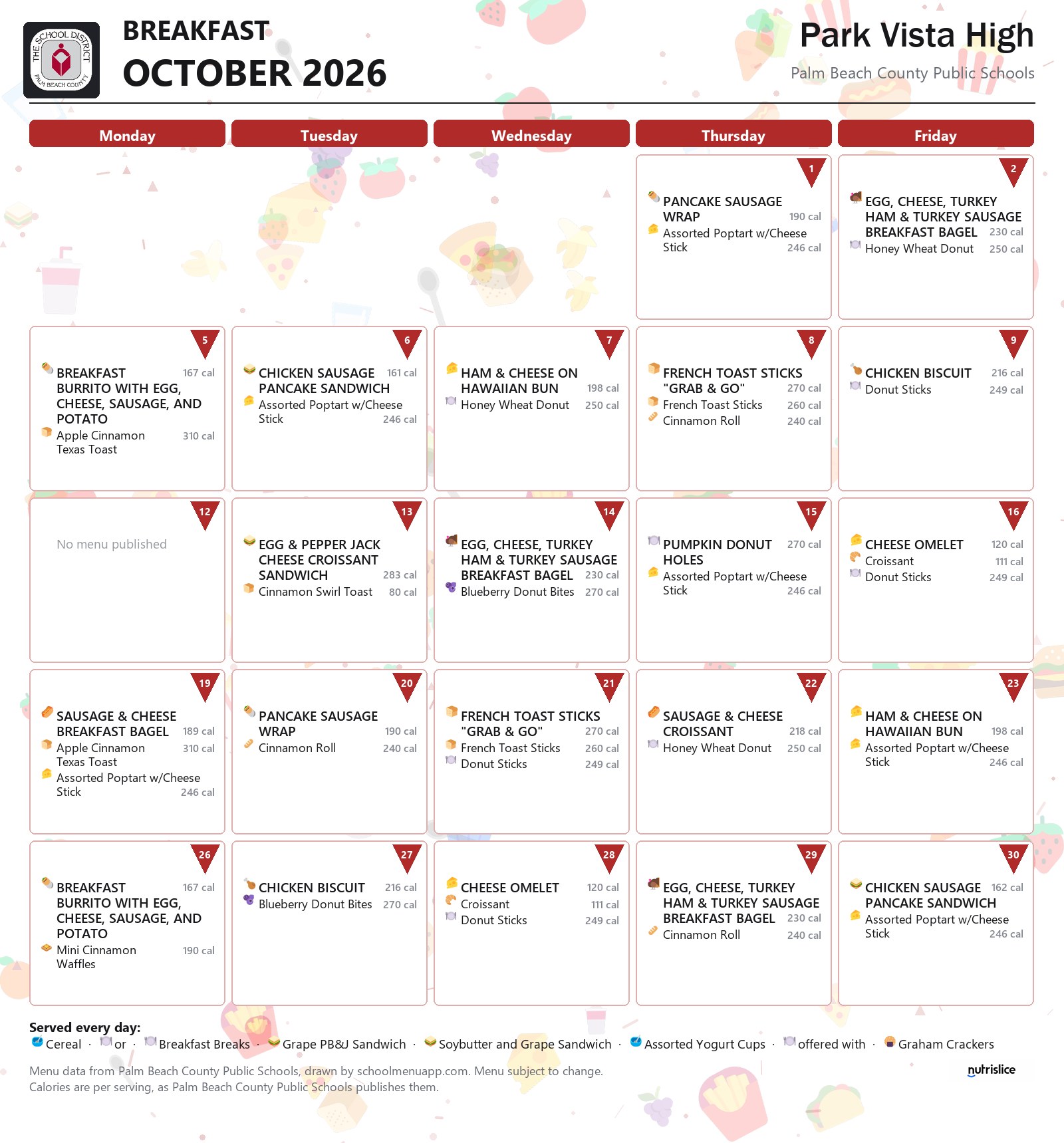 Park Vista High breakfast menu for October 2026, Palm Beach County Public Schools