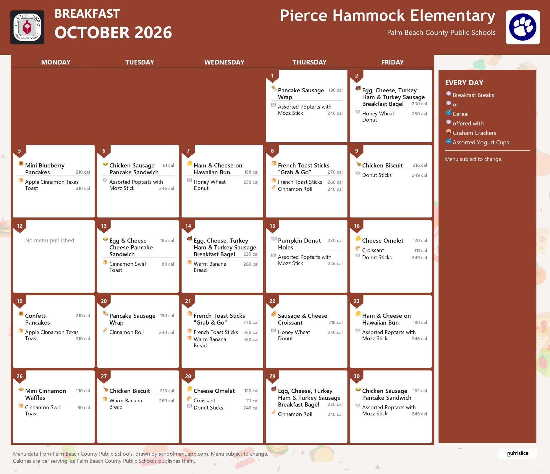 Pierce Hammock Elementary breakfast menu for October 2026, Palm Beach County Public Schools