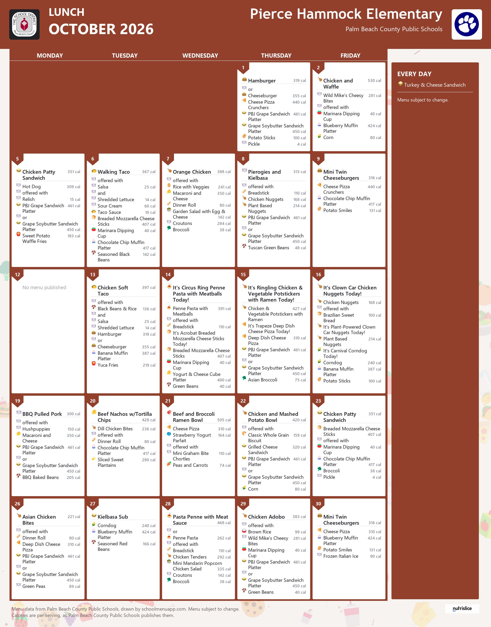 Pierce Hammock Elementary lunch menu for October 2026, Palm Beach County Public Schools