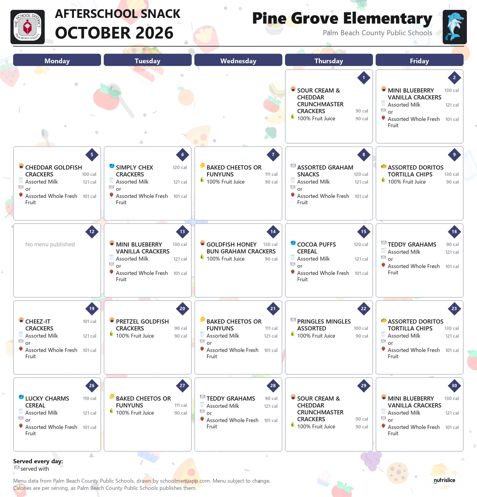 Pine Grove Elementary afterschool snack menu for October 2026, Palm Beach County Public Schools
