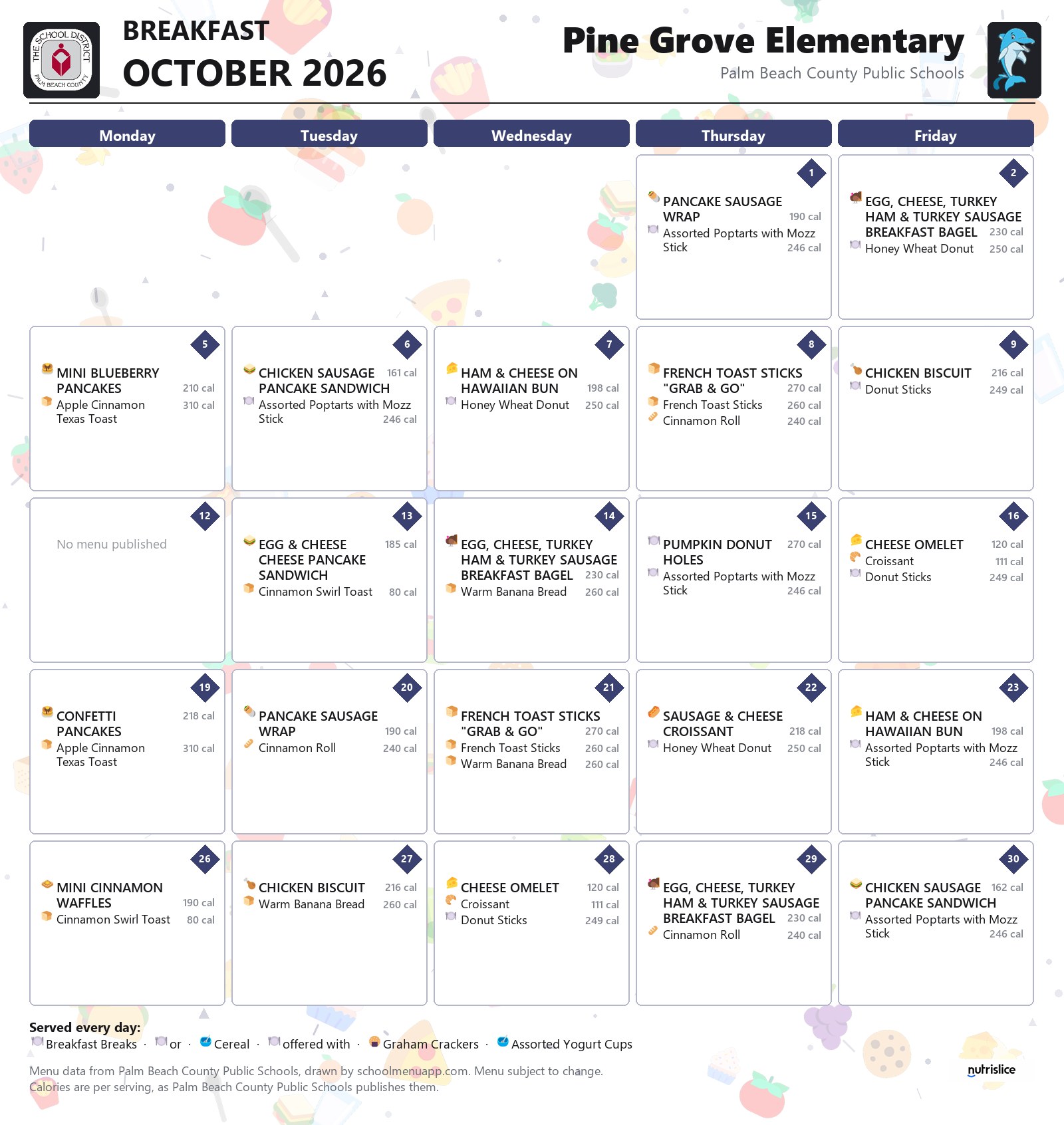 Pine Grove Elementary breakfast menu for October 2026, Palm Beach County Public Schools