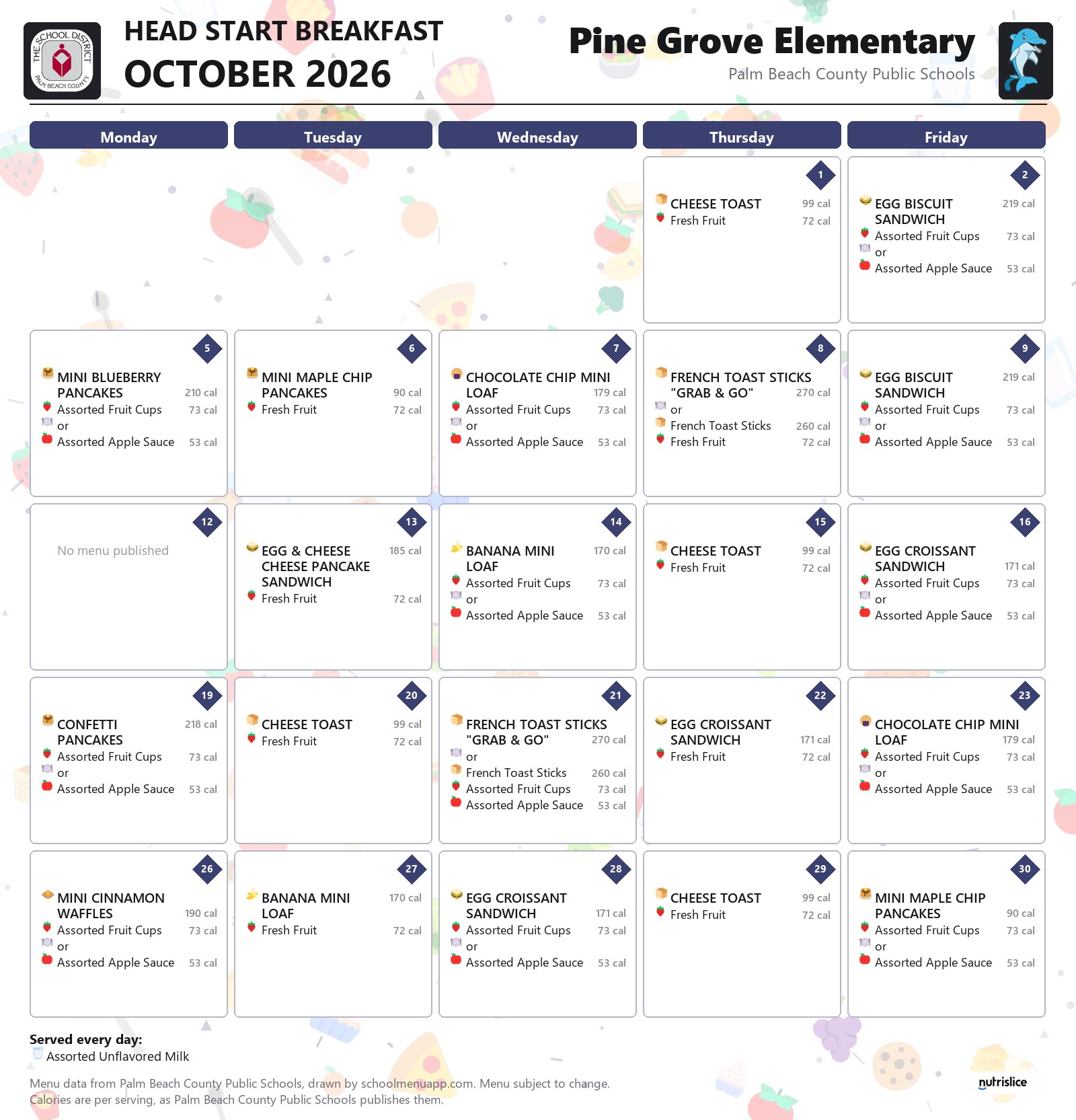 Pine Grove Elementary head start breakfast menu for October 2026, Palm Beach County Public Schools