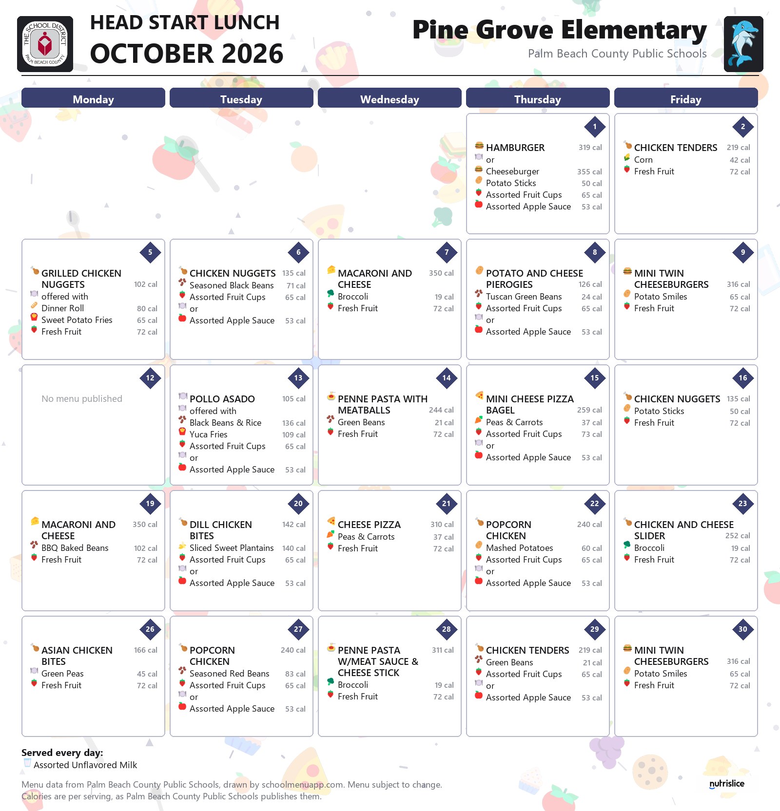 Pine Grove Elementary head start lunch menu for October 2026, Palm Beach County Public Schools