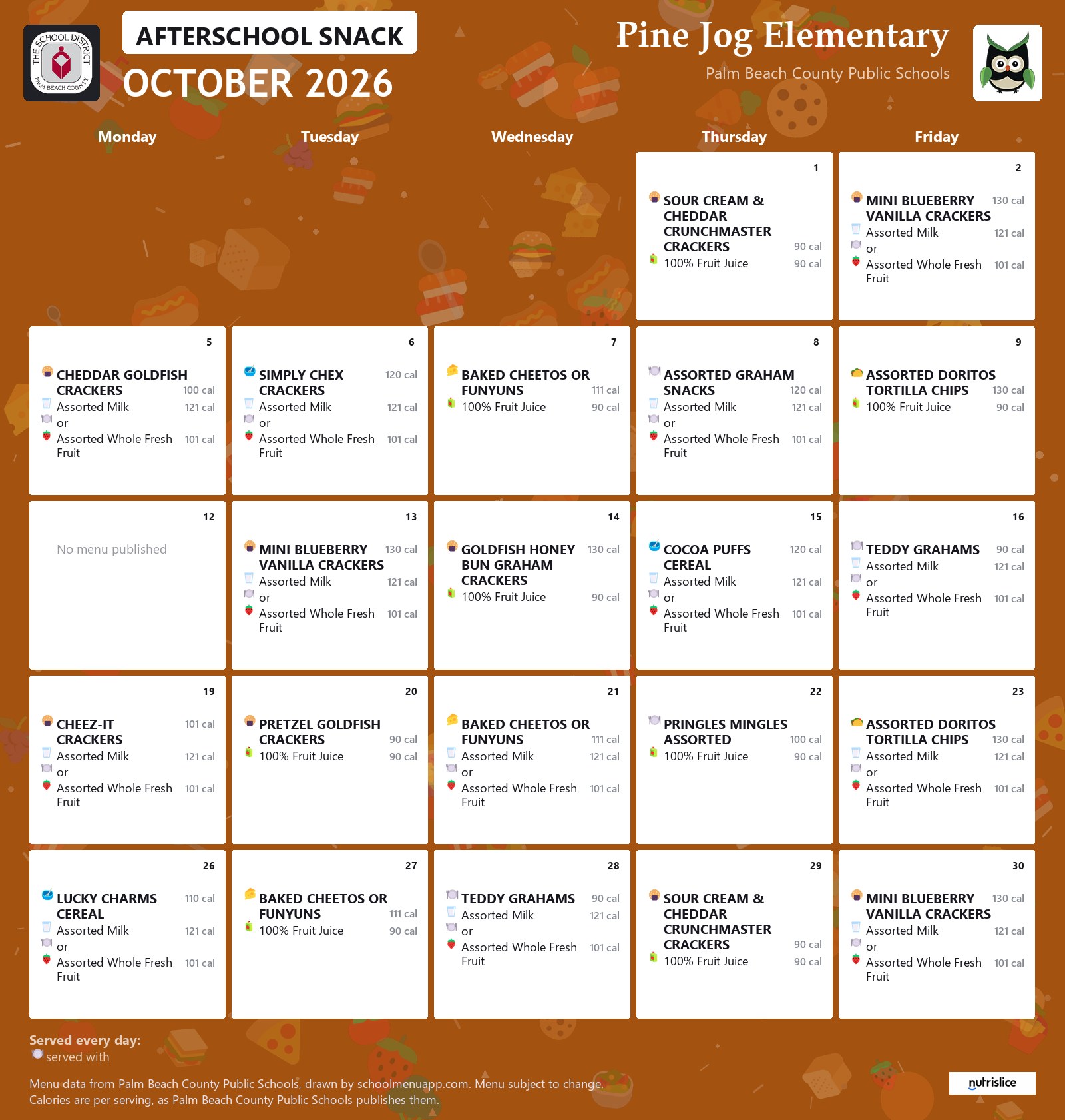 Pine Jog Elementary afterschool snack menu for October 2026, Palm Beach County Public Schools