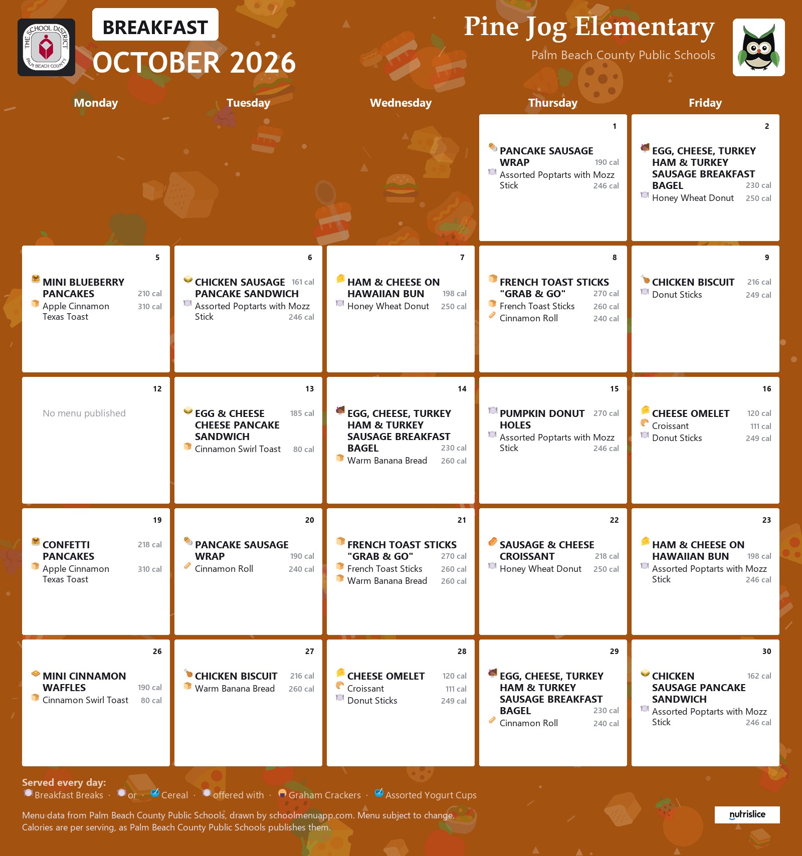 Pine Jog Elementary breakfast menu for October 2026, Palm Beach County Public Schools